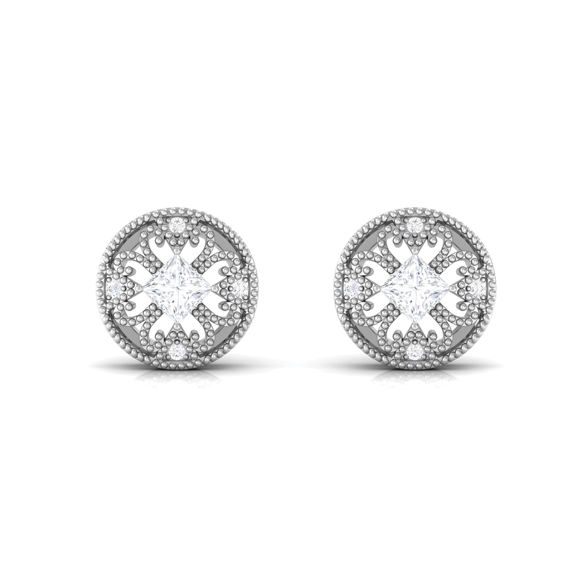 Real Diamond Vintage Milgrain Stud Earrings Diamond - ( HI-SI ) - Color and Clarity - Rosec Jewels