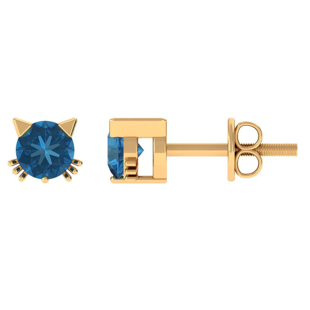 Round Shape Solitaire London Blue Topaz Cat Stud Earrings London Blue Topaz - ( AAA ) - Quality - Rosec Jewels