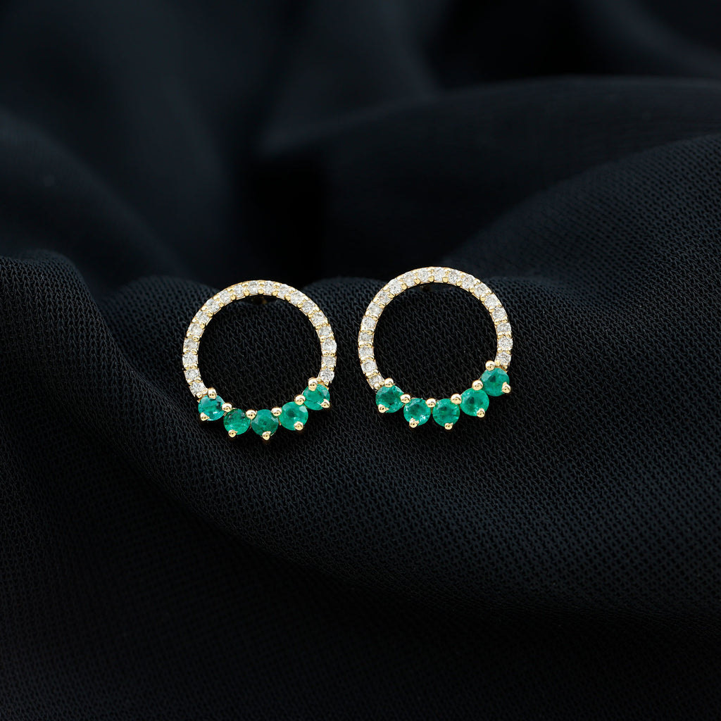 Open Circle Stud Earrings with Emerald and Diamond Emerald - ( AAA ) - Quality - Rosec Jewels