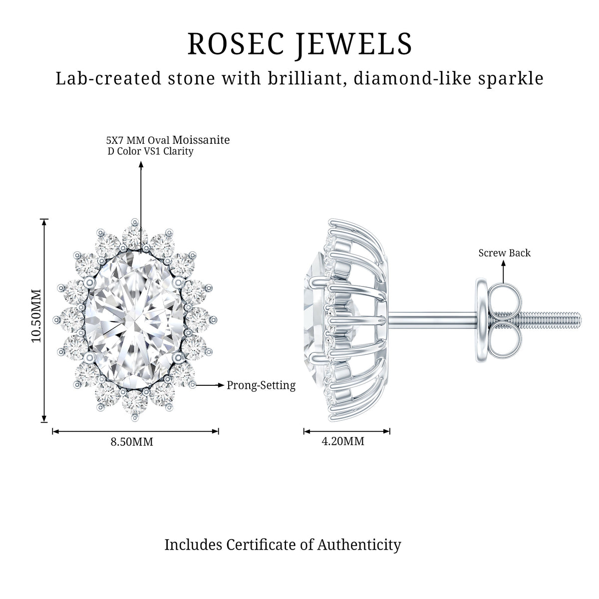 1.9 Carat Oval Moissanite Classic Stud Earrings With Halo D-VS1 - Rosec Jewels