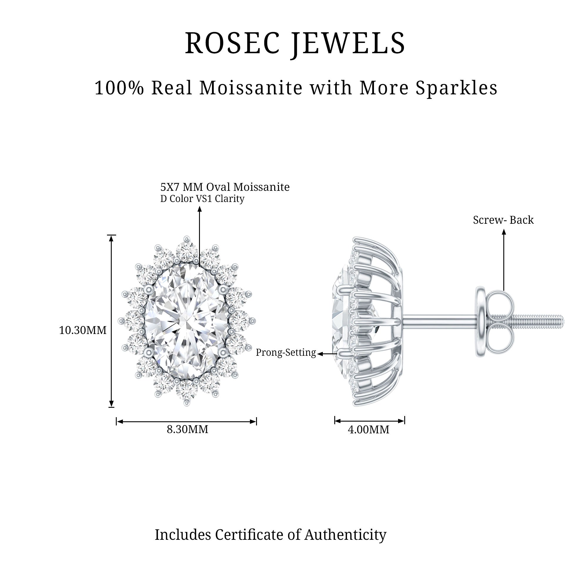 2 Carat Oval Moissanite Halo Stud Earrings In Sterling Silver D-VS1 92.5 Sterling Silver - Rosec Jewels