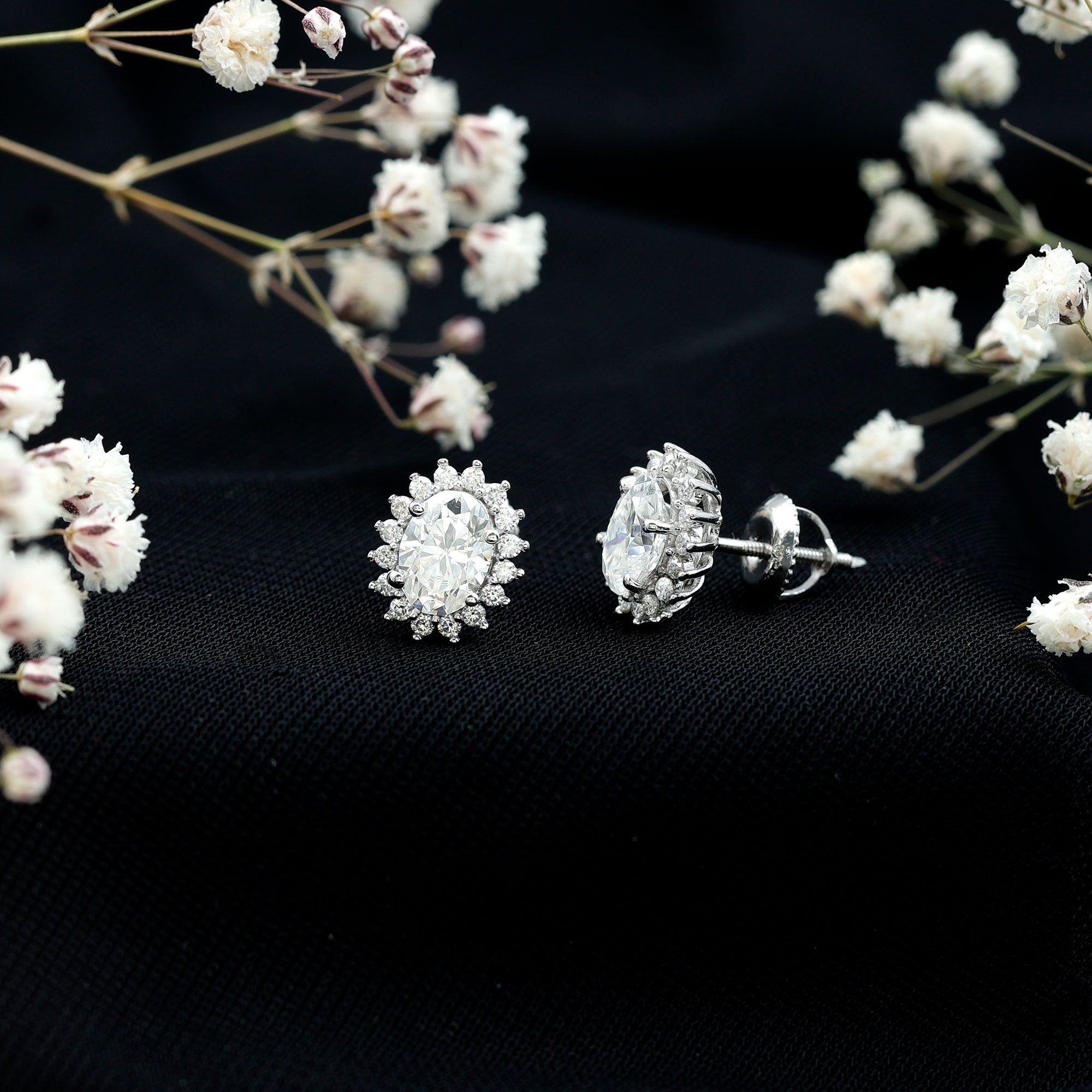 2 Carat Oval Moissanite Halo Stud Earrings In Sterling Silver D-VS1 92.5 Sterling Silver - Rosec Jewels