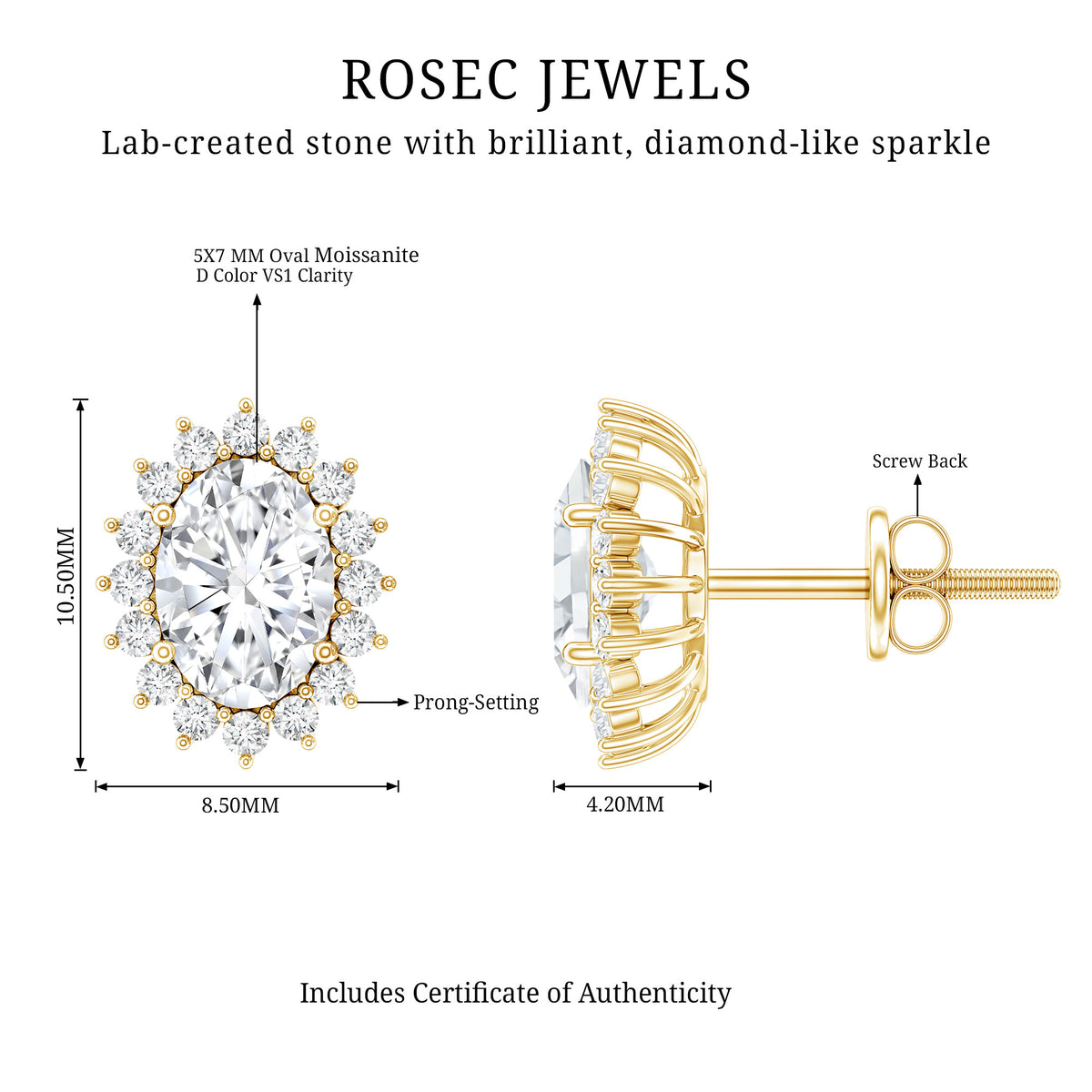1.9 Carat Oval Moissanite Classic Stud Earrings With Halo D-VS1 - Rosec Jewels