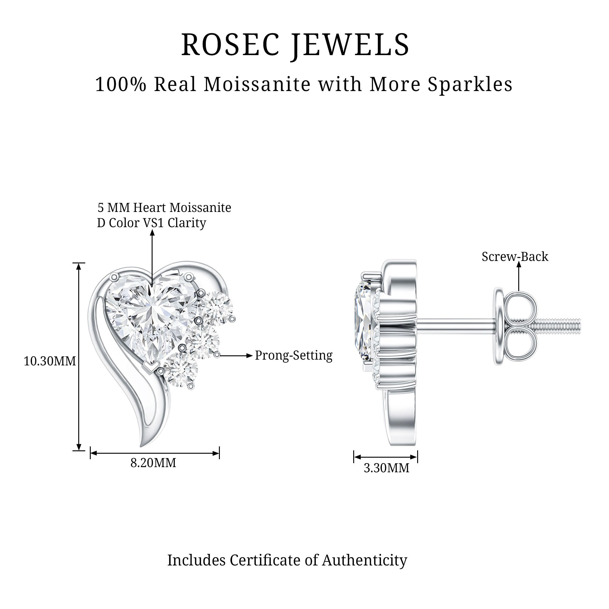 1 Carat Moissanite Heart Stud Earrings in Sterling Silver D-VS1 92.5 Sterling Silver - Rosec Jewels