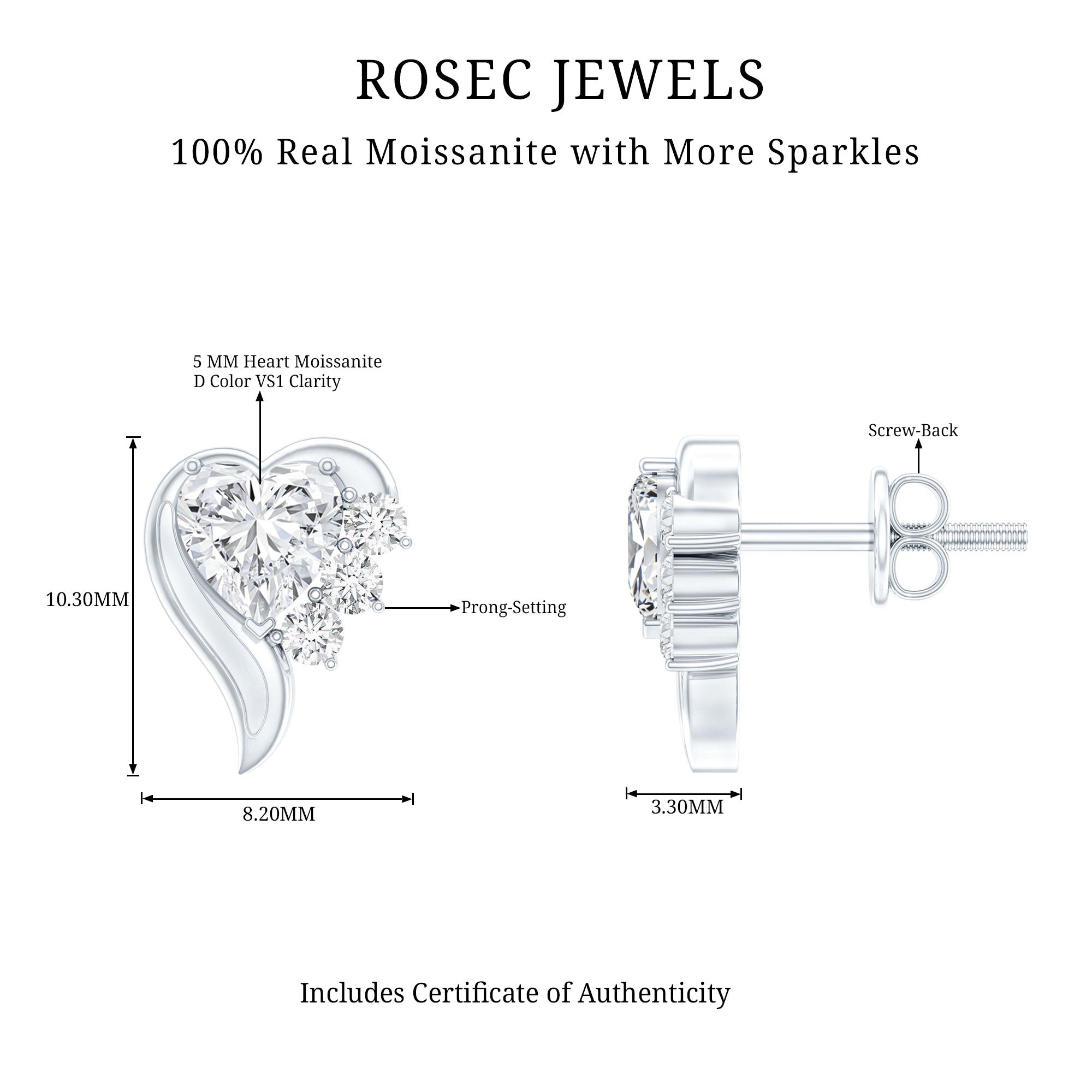 Heart Shape Moissanite Stud Earrings with Screw Back D-VS1 - Rosec Jewels