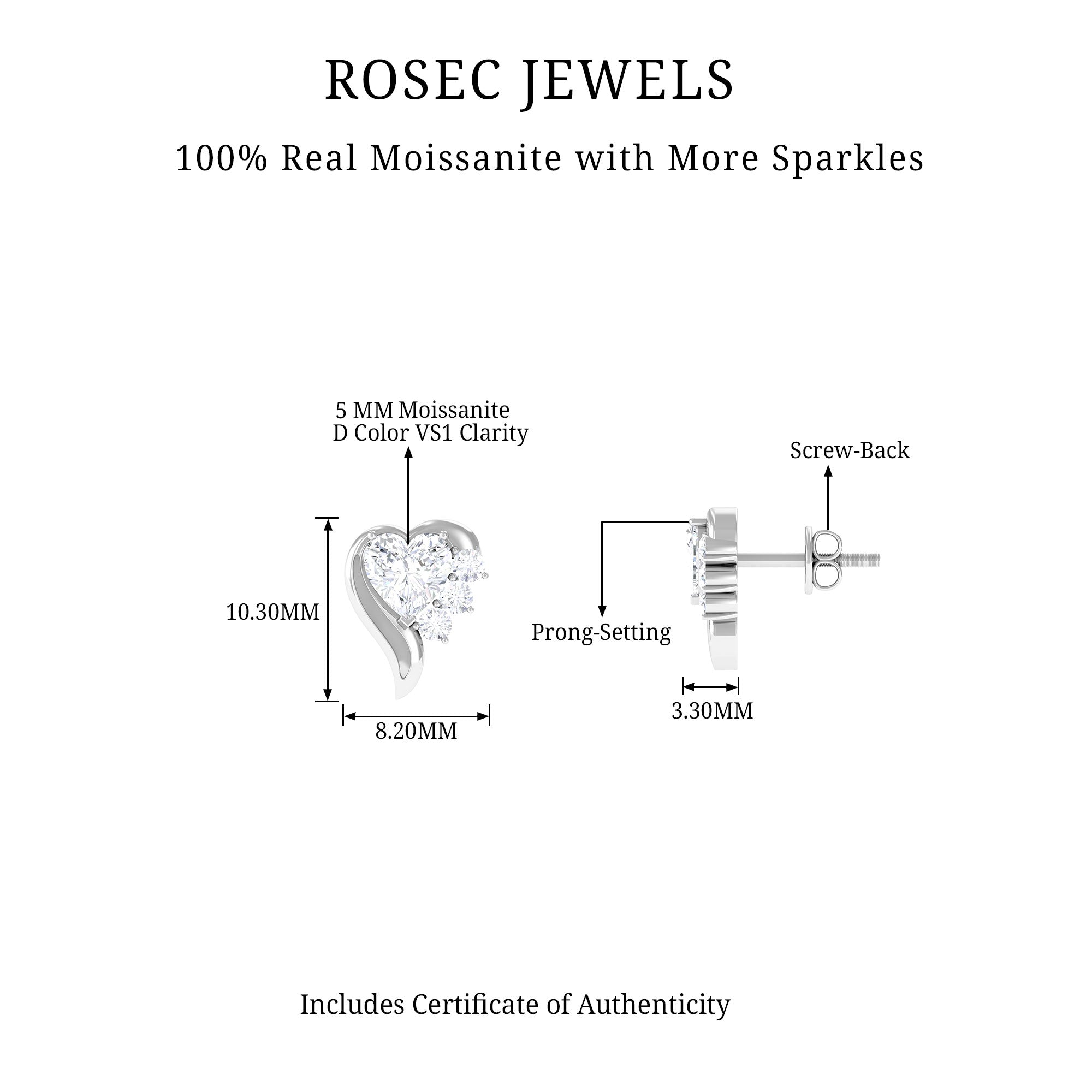 Heart Shape Moissanite Minimal Stud Earrings with Screw Back Moissanite - ( D-VS1 ) - Color and Clarity - Rosec Jewels