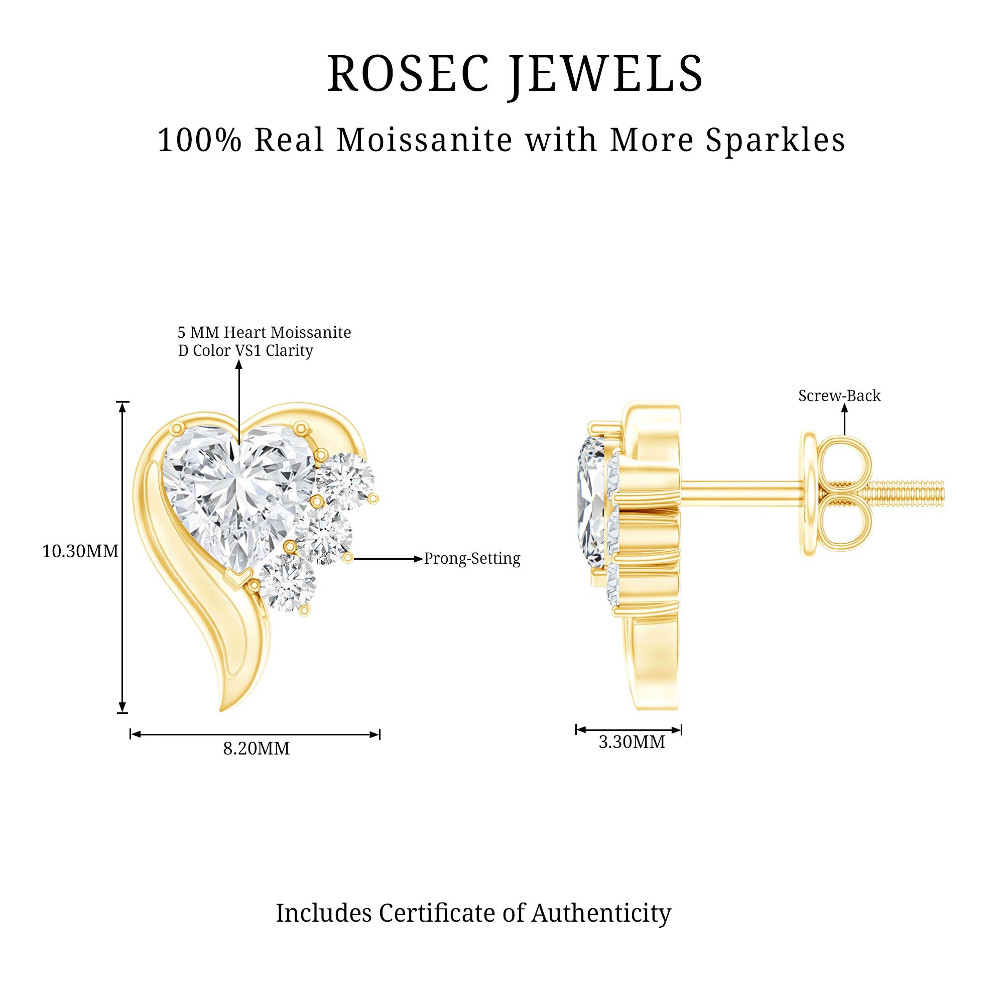 Heart Shape Moissanite Stud Earrings with Screw Back D-VS1 - Rosec Jewels