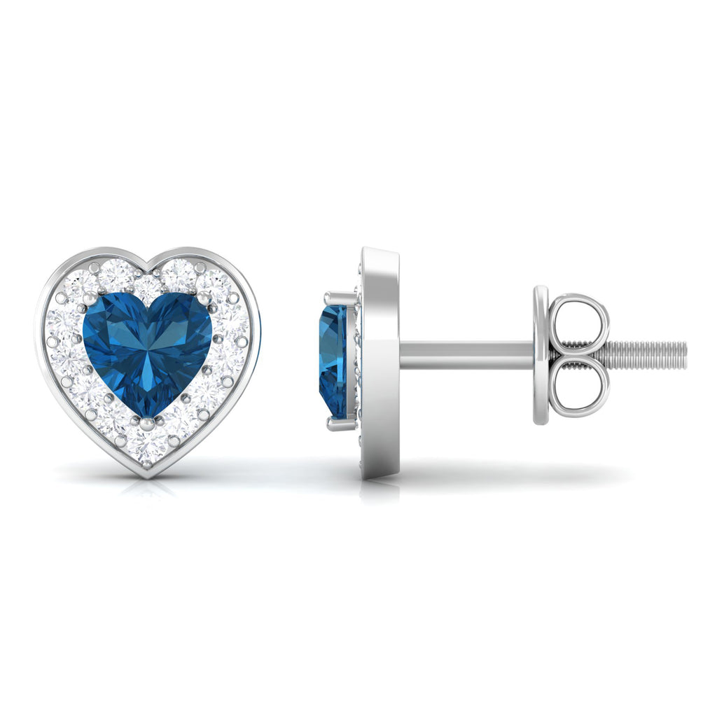 Heart Shape Real London Blue Topaz and Diamond Halo Stud Earrings London Blue Topaz - ( AAA ) - Quality - Rosec Jewels