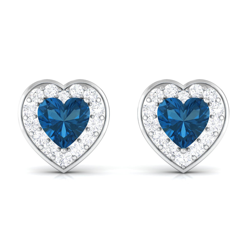 Heart Shape Real London Blue Topaz and Diamond Halo Stud Earrings London Blue Topaz - ( AAA ) - Quality - Rosec Jewels