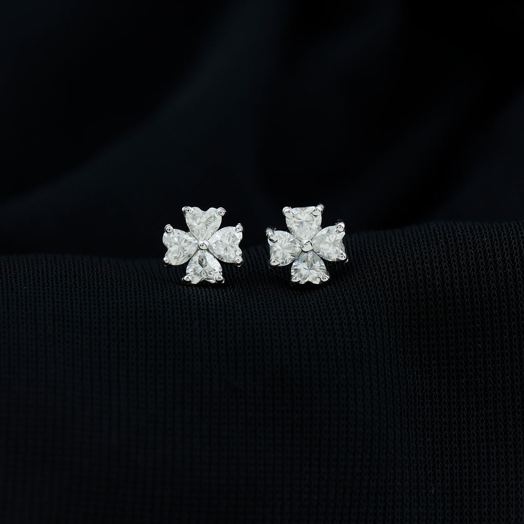 1 CT Heart Shape Moissanite Silver Flower Stud Earrings - Rosec Jewels