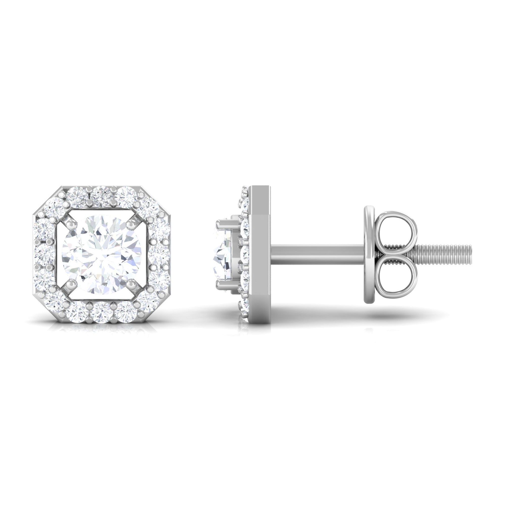 Round Cut Certified Moissanite Halo Stud Earrings in Gold Moissanite - ( D-VS1 ) - Color and Clarity - Rosec Jewels