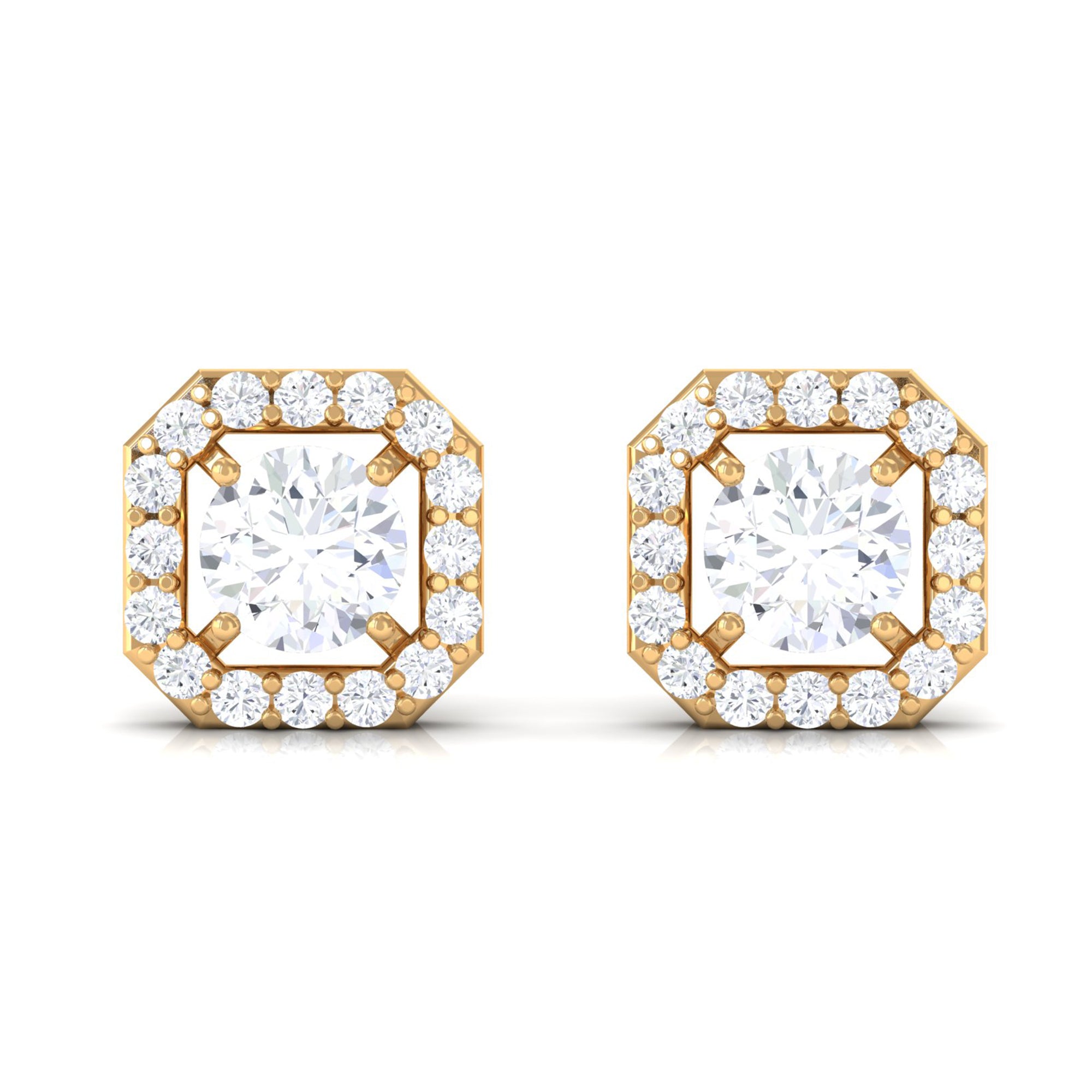 Round Cut Certified Moissanite Halo Stud Earrings in Gold Moissanite - ( D-VS1 ) - Color and Clarity - Rosec Jewels