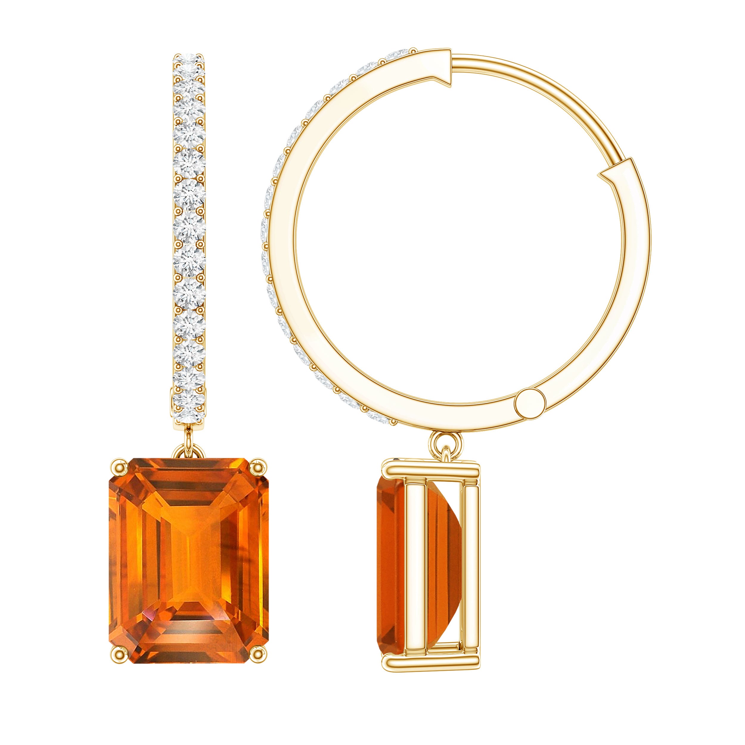 Emerald Cut Lab Grown Orange Sapphire Drop Hoop Earrings with Diamond AAAA - Rosec Jewels