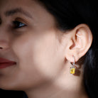 Emerald Cut Lab Grown Yellow Sapphire Minimal Hoop Drop Earrings with Diamond Lab Created Yellow Sapphire - ( AAAA ) - Quality - Rosec Jewels