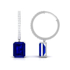 Emerald Cut Lab Grown Blue Sapphire Minimal Hinged Hoop Drop Earrings Lab Created Blue Sapphire - ( AAAA ) - Quality - Rosec Jewels