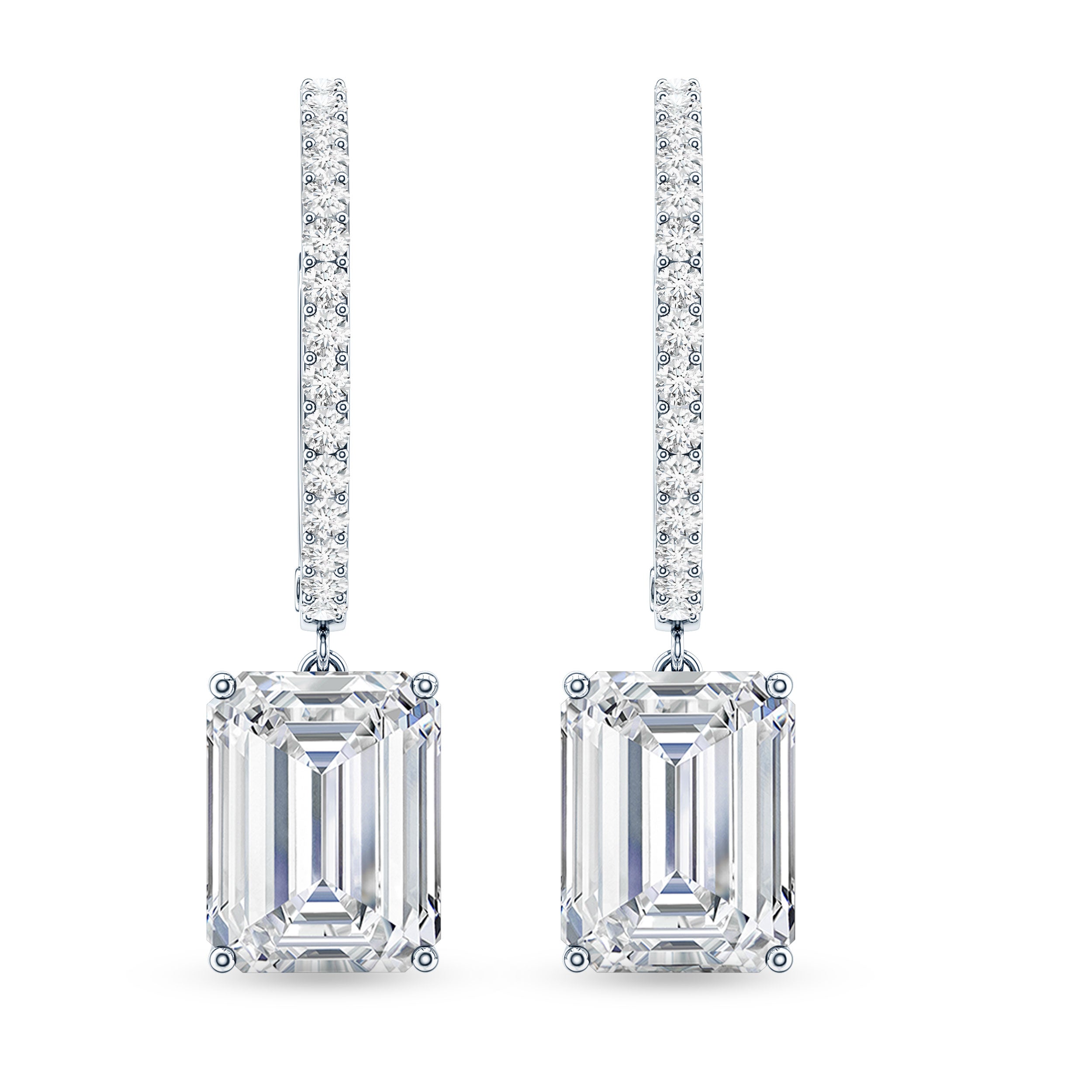 Certified 2.8 Carat Emerald Cut Moissanite Drop Hoop Earrings D-VS1 - Rosec Jewels