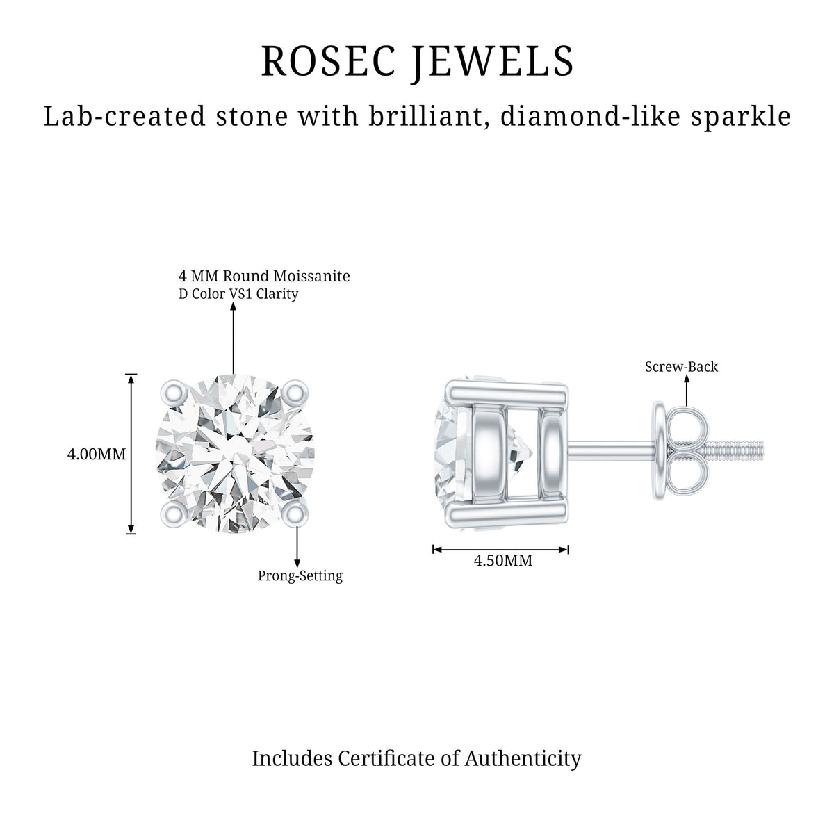 Sterling Silver Moissanite Half Carat Stud Earring D-VS1 92.5 Sterling Silver - Rosec Jewels