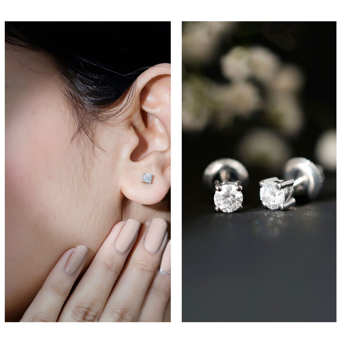 Round Moissanite Solitaire Stud Earrings in Prong Setting D-VS1 - Rosec Jewels