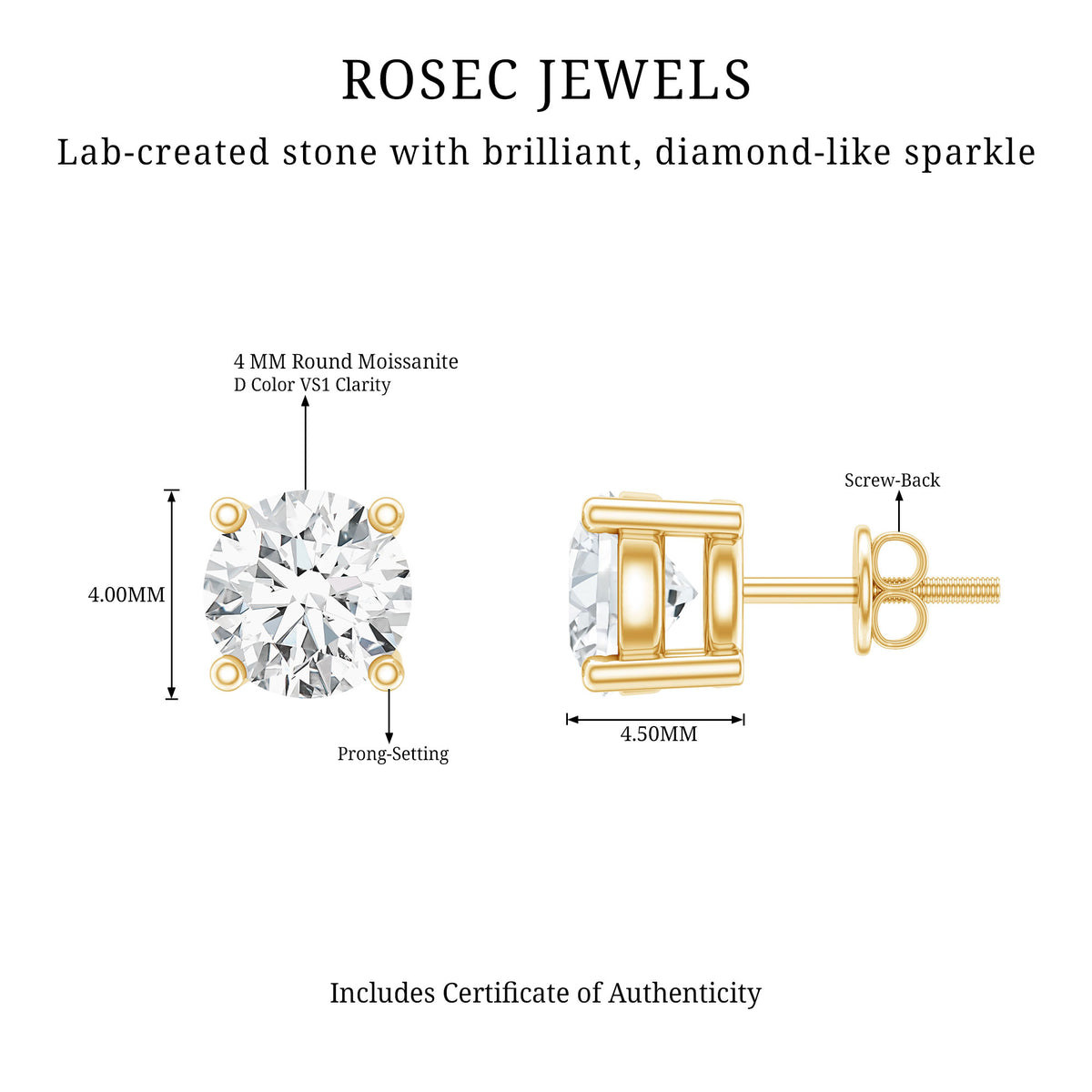 Round Moissanite Solitaire Stud Earrings in Prong Setting D-VS1 - Rosec Jewels