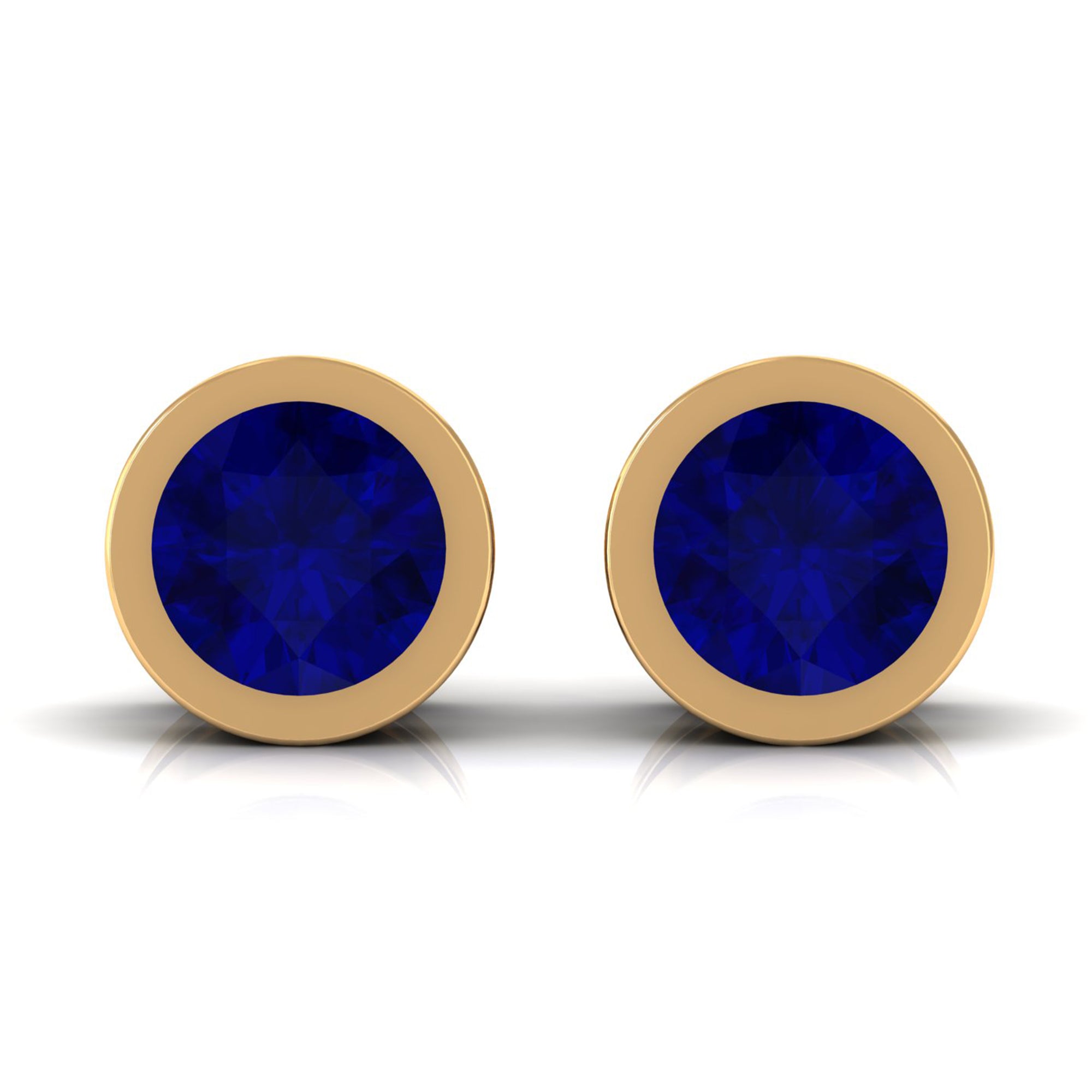 Genuine Blue Sapphire Round Solitaire Stud Earrings in Bezel Setting Blue Sapphire - ( AAA ) - Quality - Rosec Jewels