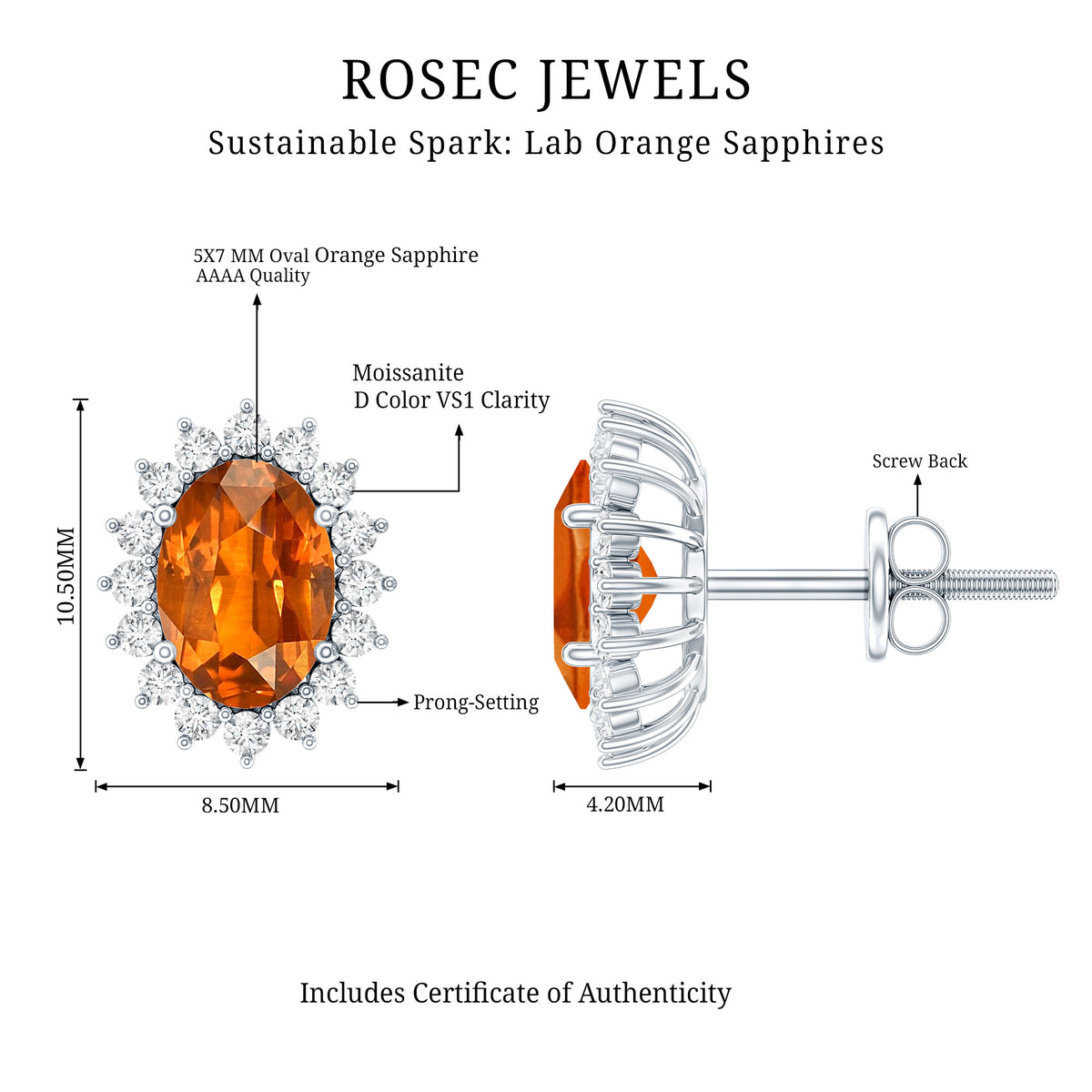 Sterling Silver Lab Created 2 Carat Orange Sapphire Stud Earrings For Women AAAA 92.5 Sterling Silver - Rosec Jewels