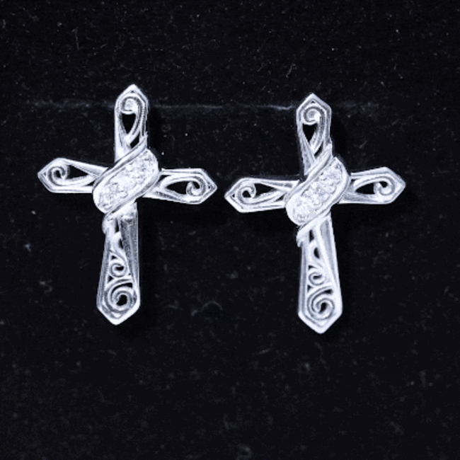Certified Moissanite Vintage Cross Stud Earrings in Silver D-VS1 92.5 Sterling Silver - Rosec Jewels