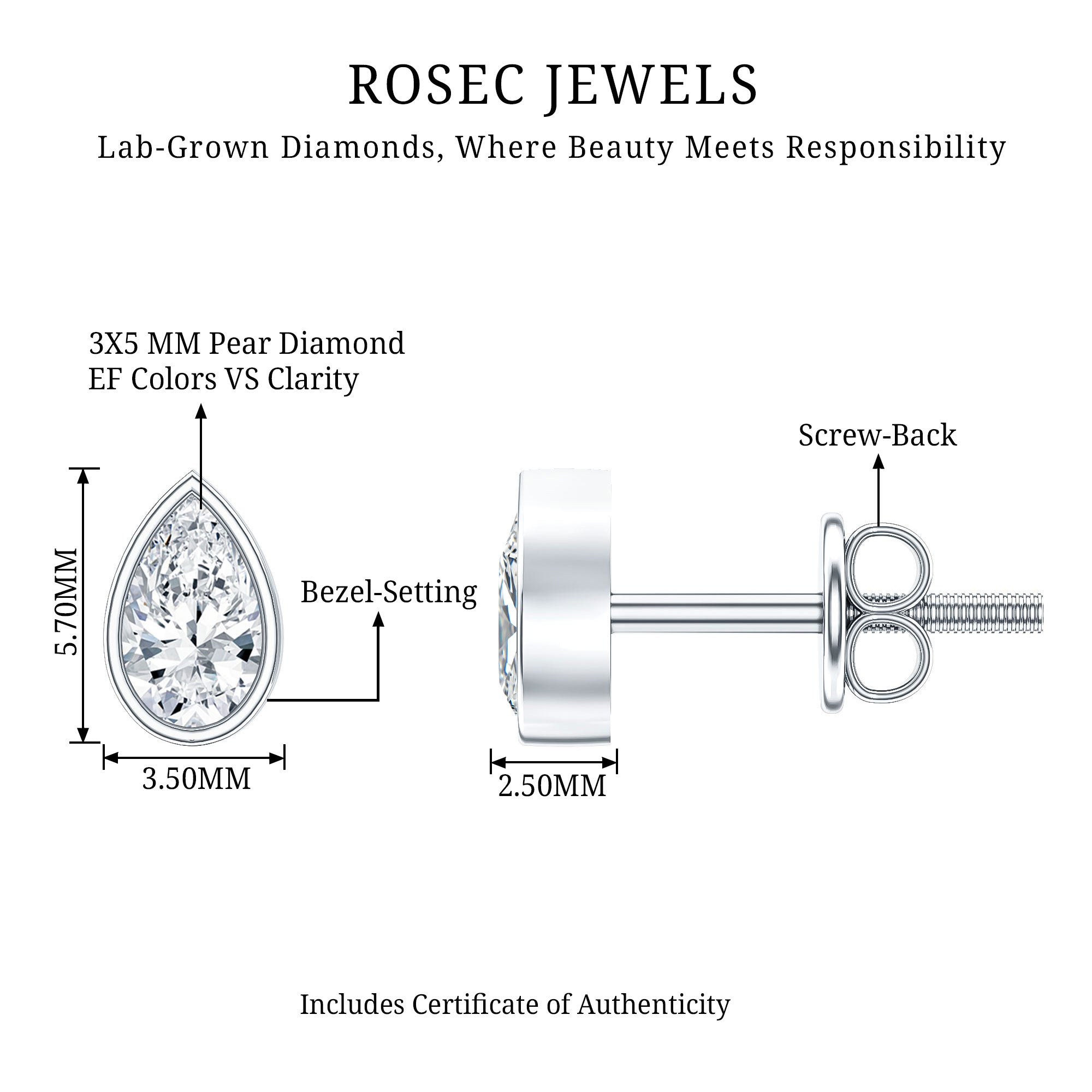 Bezel Set Diamond Tiny Stud Earrings Lab - ( EF-VS ) - Rosec Jewels