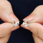Rosec Jewels-Cat Moon Stud Earrings for Women with Diamond
