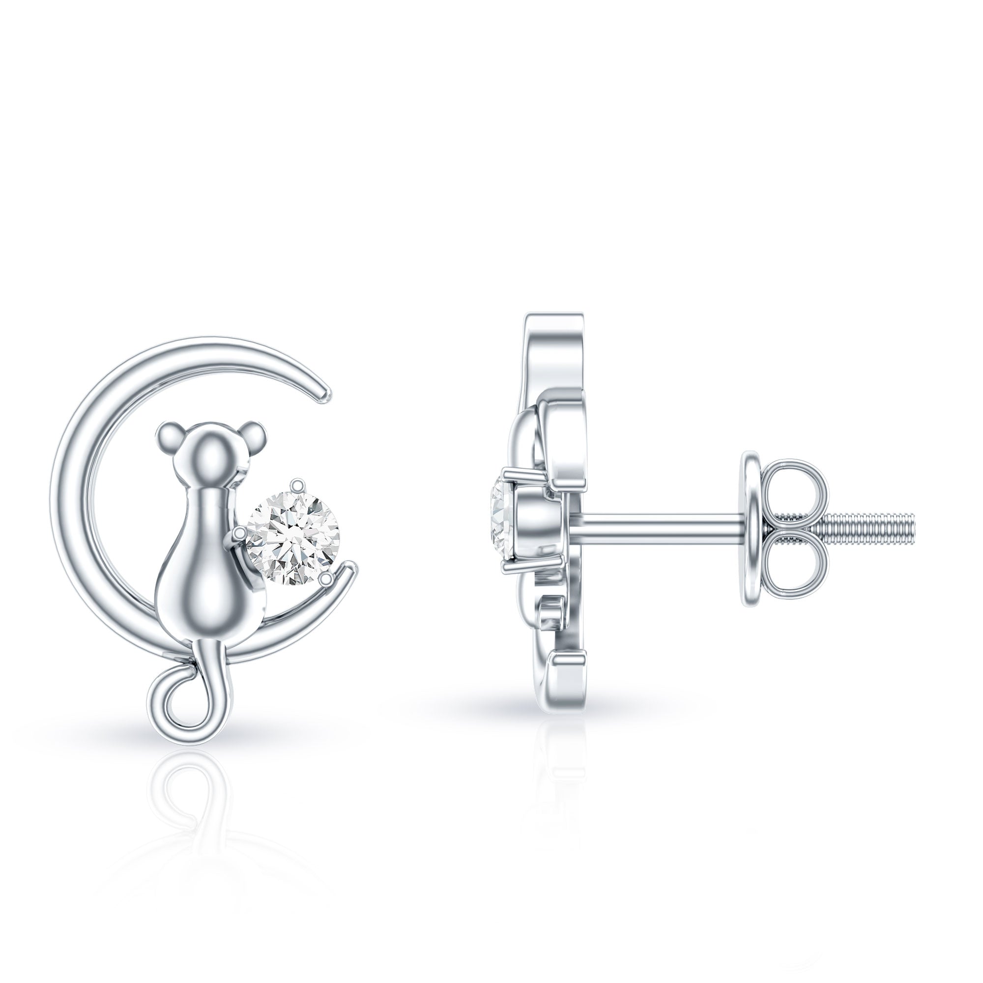 Diamond Cat Moon Stud Earrings for Women Lab - ( EF-VS ) - Rosec Jewels