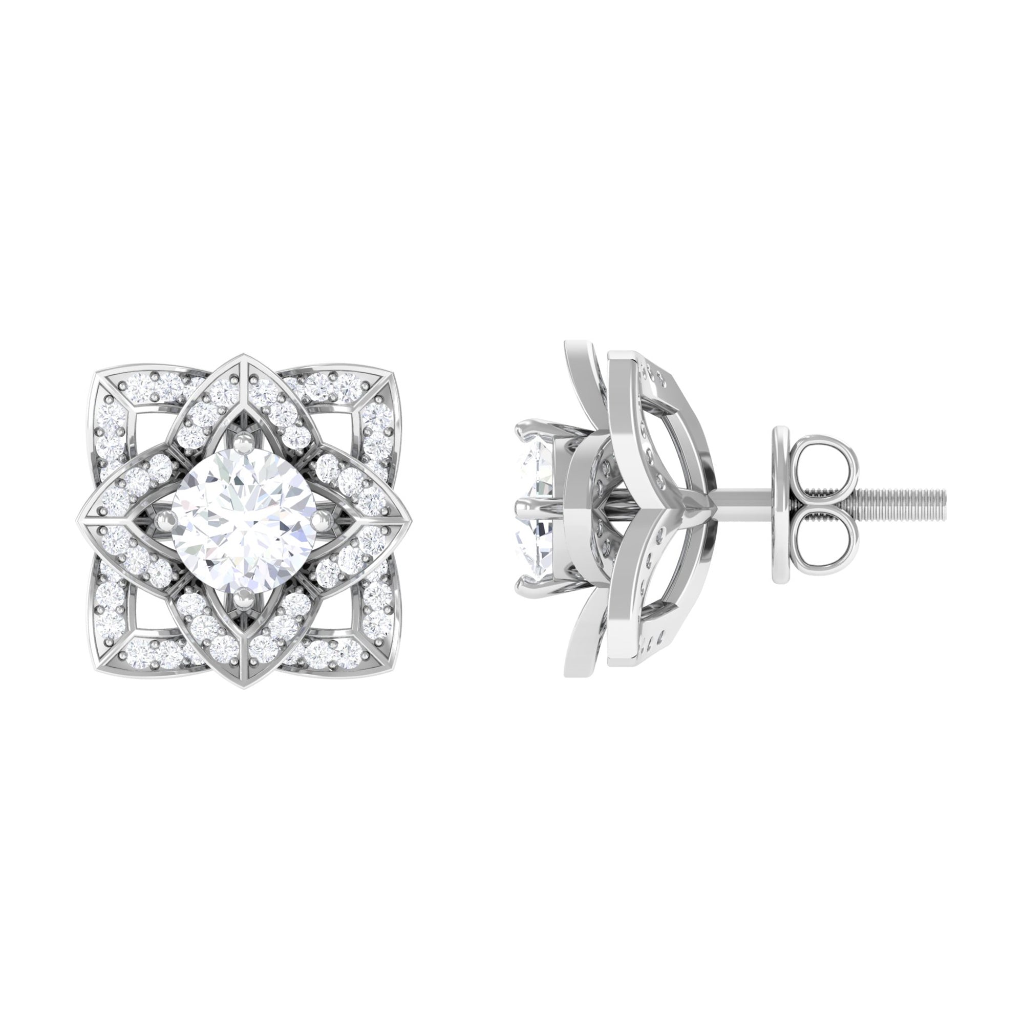 Rosec Jewels-Flower Stud Earrings with Round Shape Diamond