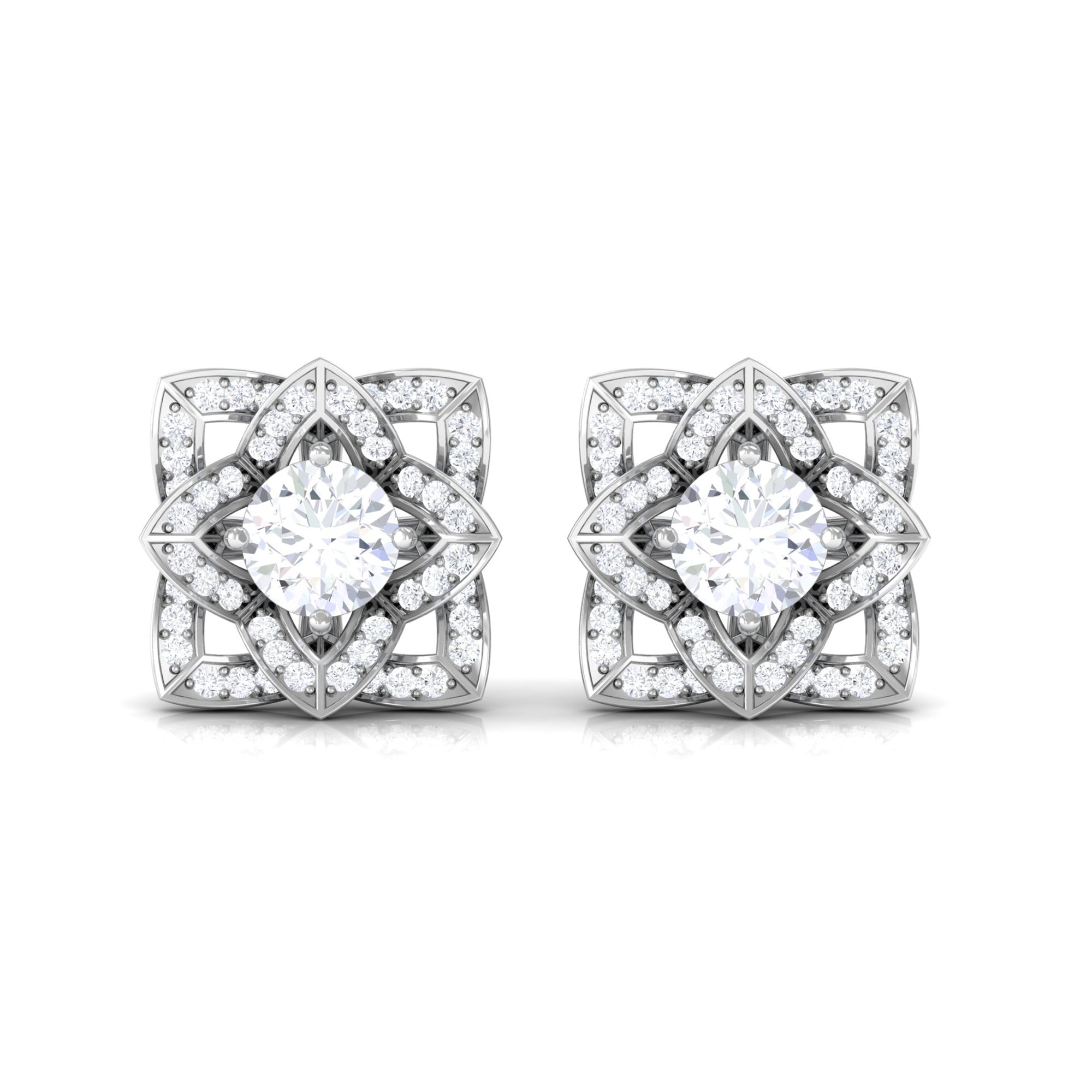 Rosec Jewels-Flower Stud Earrings with Round Shape Diamond