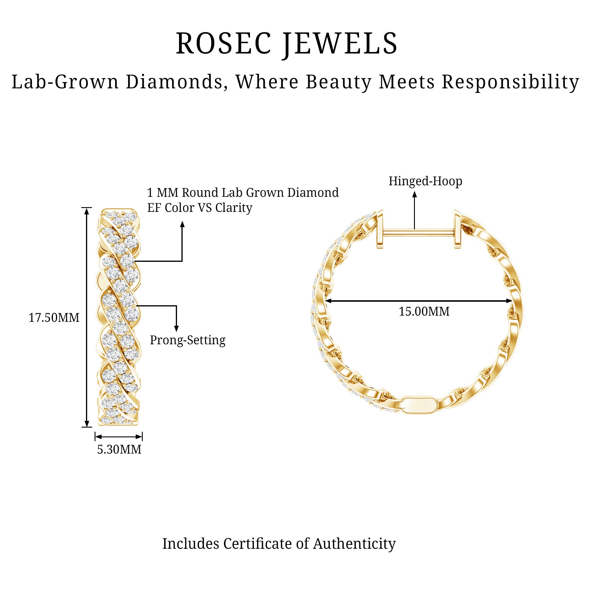 Natural Diamond Twisted Hoop Earrings with Certificate Lab - ( EF-VS ) - Rosec Jewels