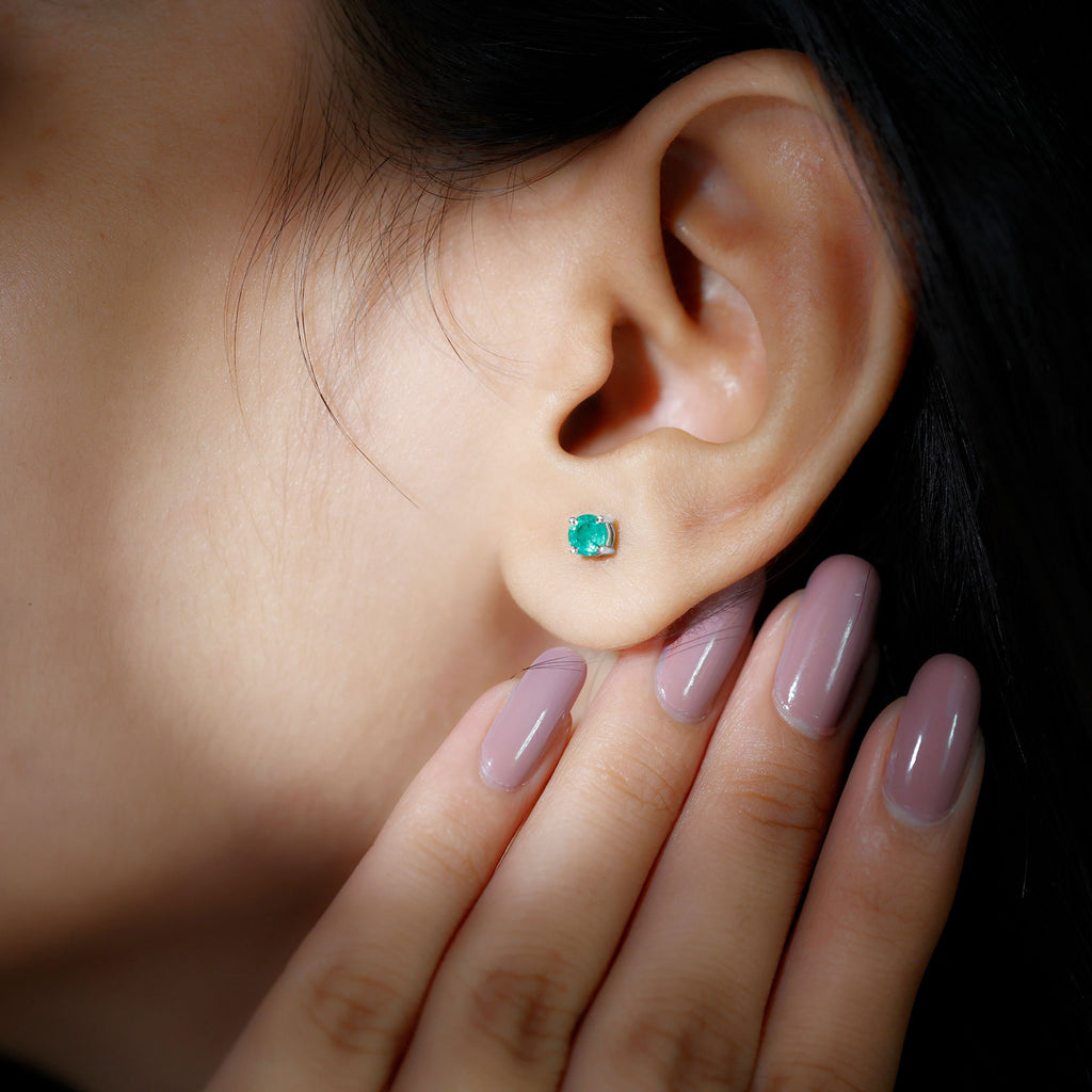 4 MM Round Cut Emerald Solitaire Stud Earrings in 4 Prong Setting Emerald - ( AAA ) - Quality - Rosec Jewels