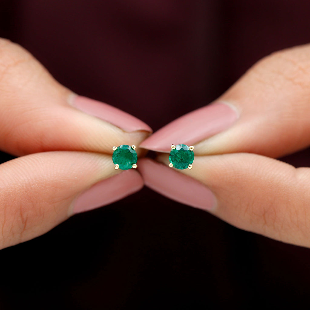 4 MM Round Cut Emerald Solitaire Stud Earrings in 4 Prong Setting Emerald - ( AAA ) - Quality - Rosec Jewels