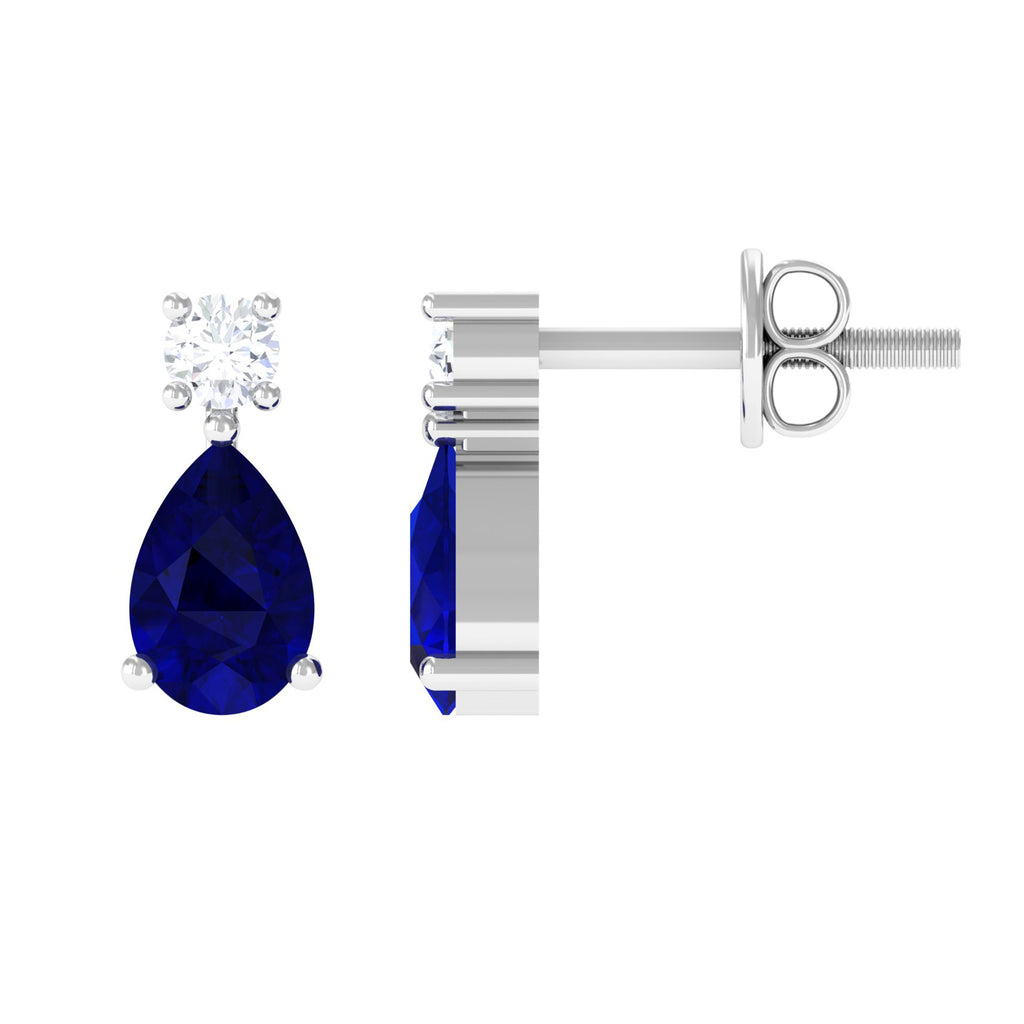 1 CT Simple Pear Cut Blue Sapphire and Round Diamond Two Stone Stud Earrings Blue Sapphire - ( AAA ) - Quality - Rosec Jewels