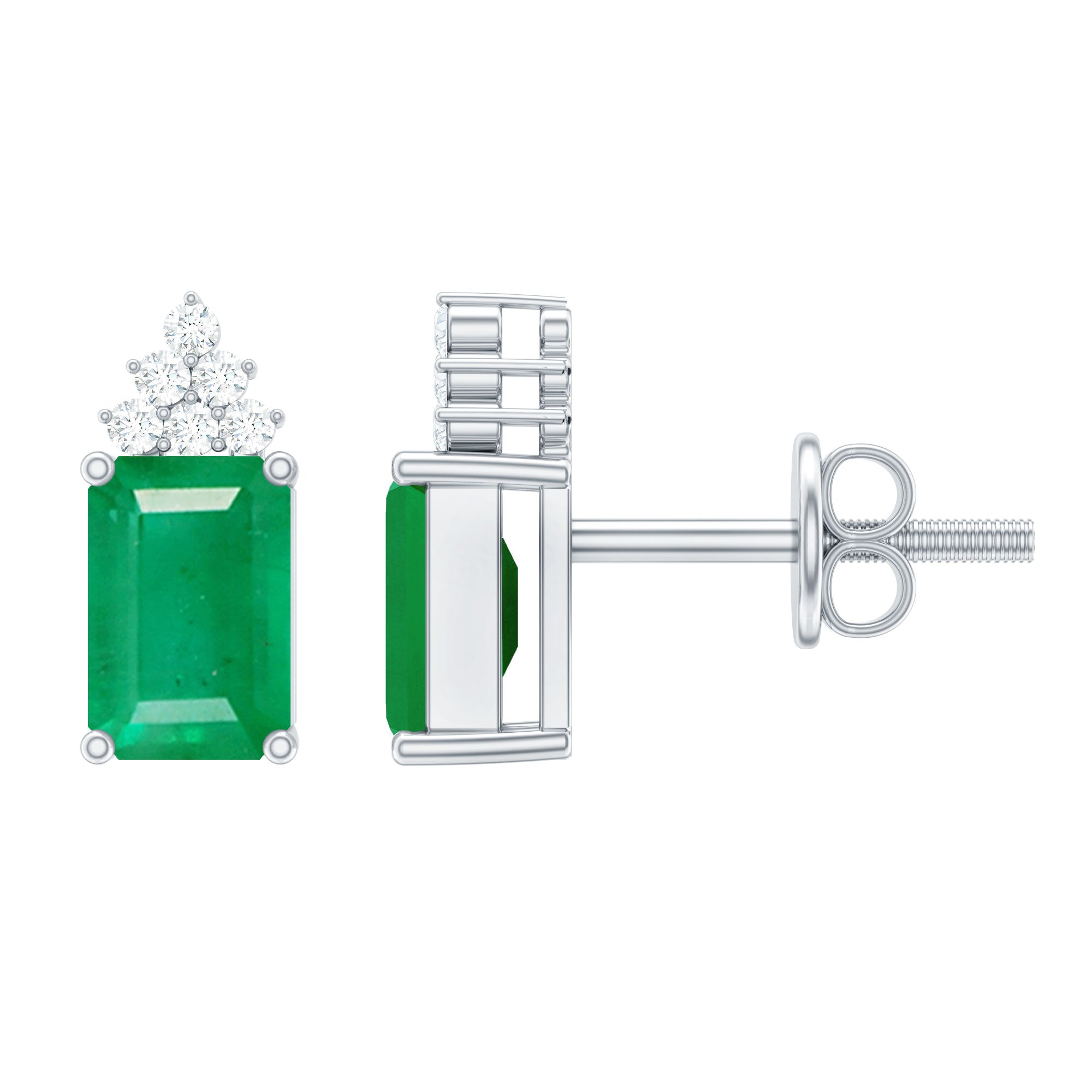 Genuine 1.32 Carat Emerald Cut Emerald Stud Earrings with Diamond