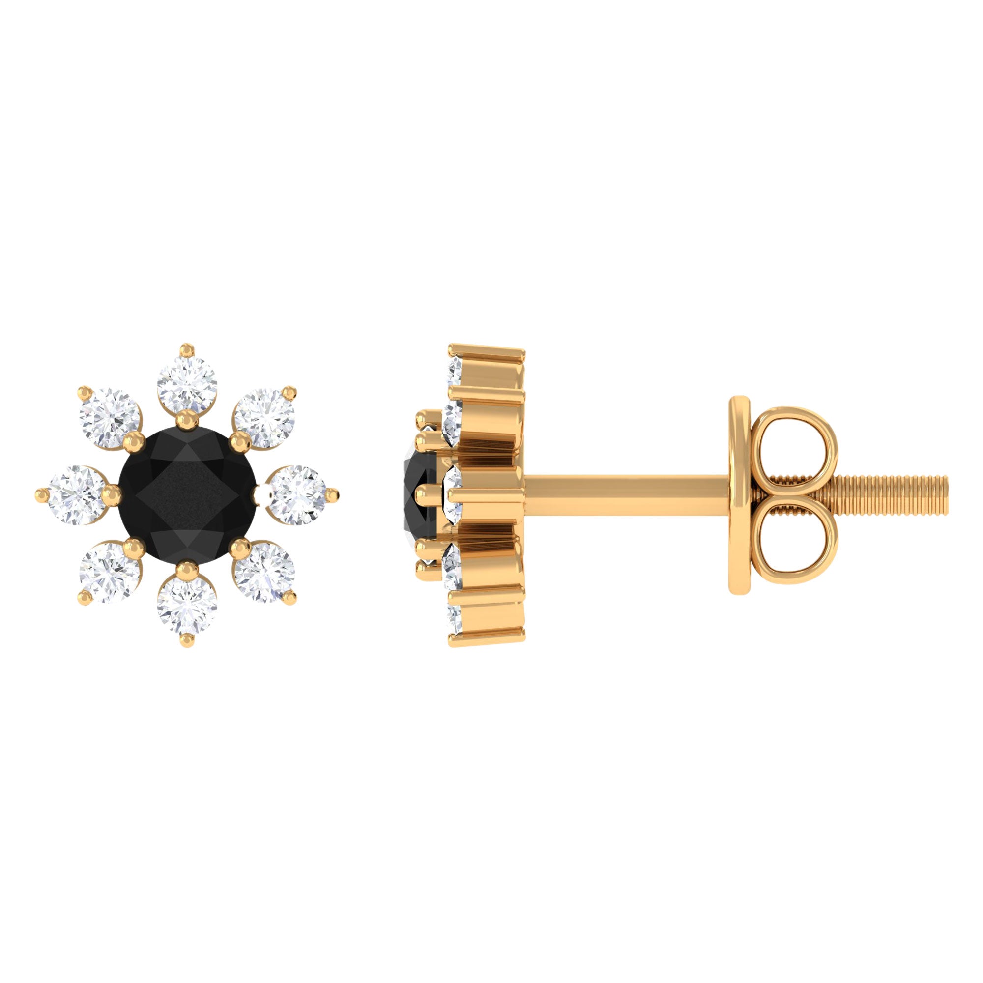 Black and White Diamond Floral Stud Earrings Black Diamond - ( AAA ) - Quality - Rosec Jewels