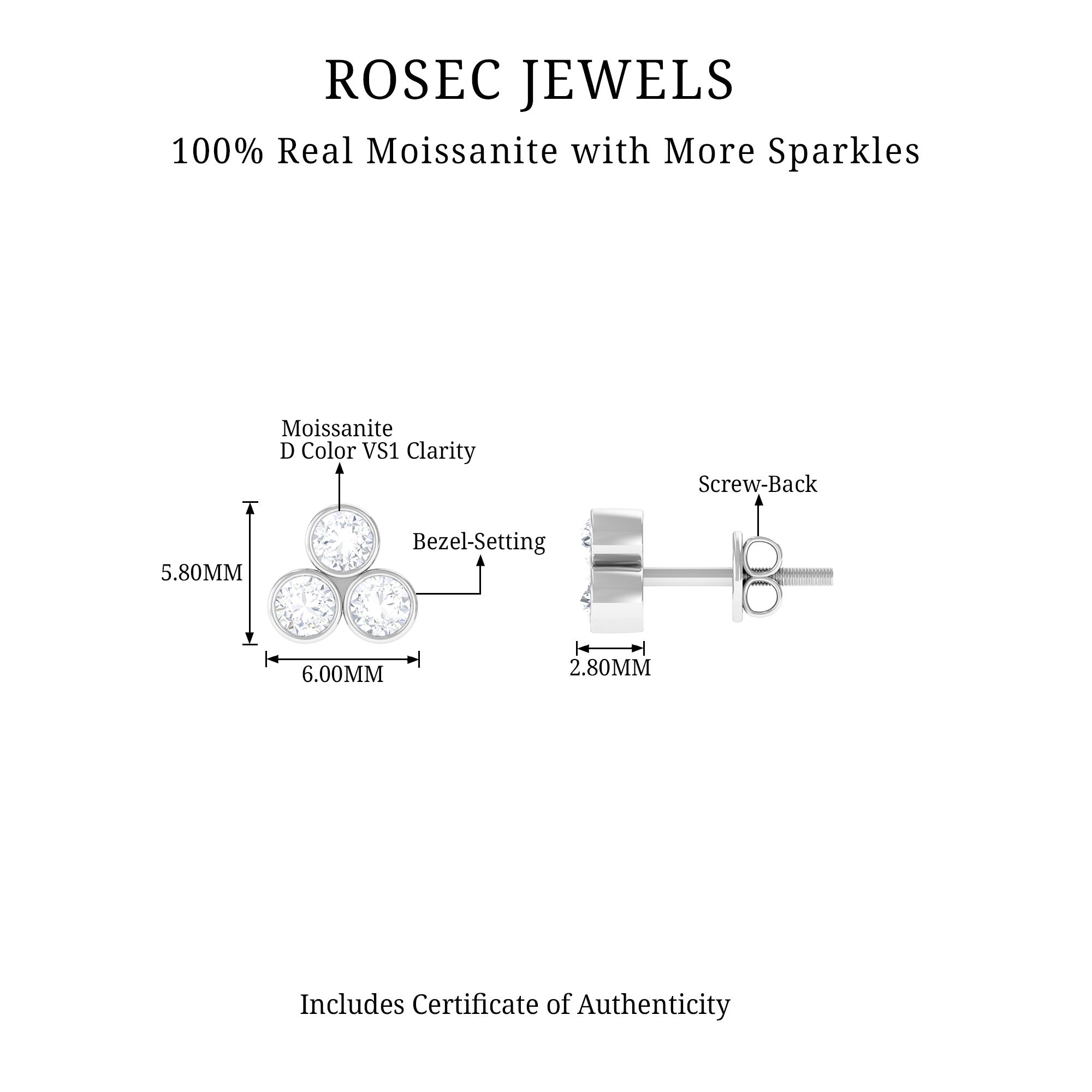 1/2 CT Bezel Set Round Cut Moissanite Three Stone Stud Earrings Moissanite - ( D-VS1 ) - Color and Clarity - Rosec Jewels