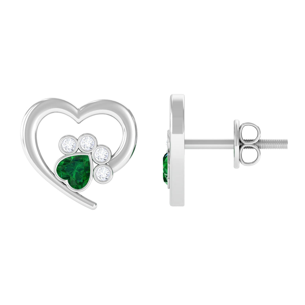 3/4 CT Heart Shape Created Emerald and Diamond Cute Paw Stud Earrings Lab Created Emerald - ( AAAA ) - Quality - Rosec Jewels