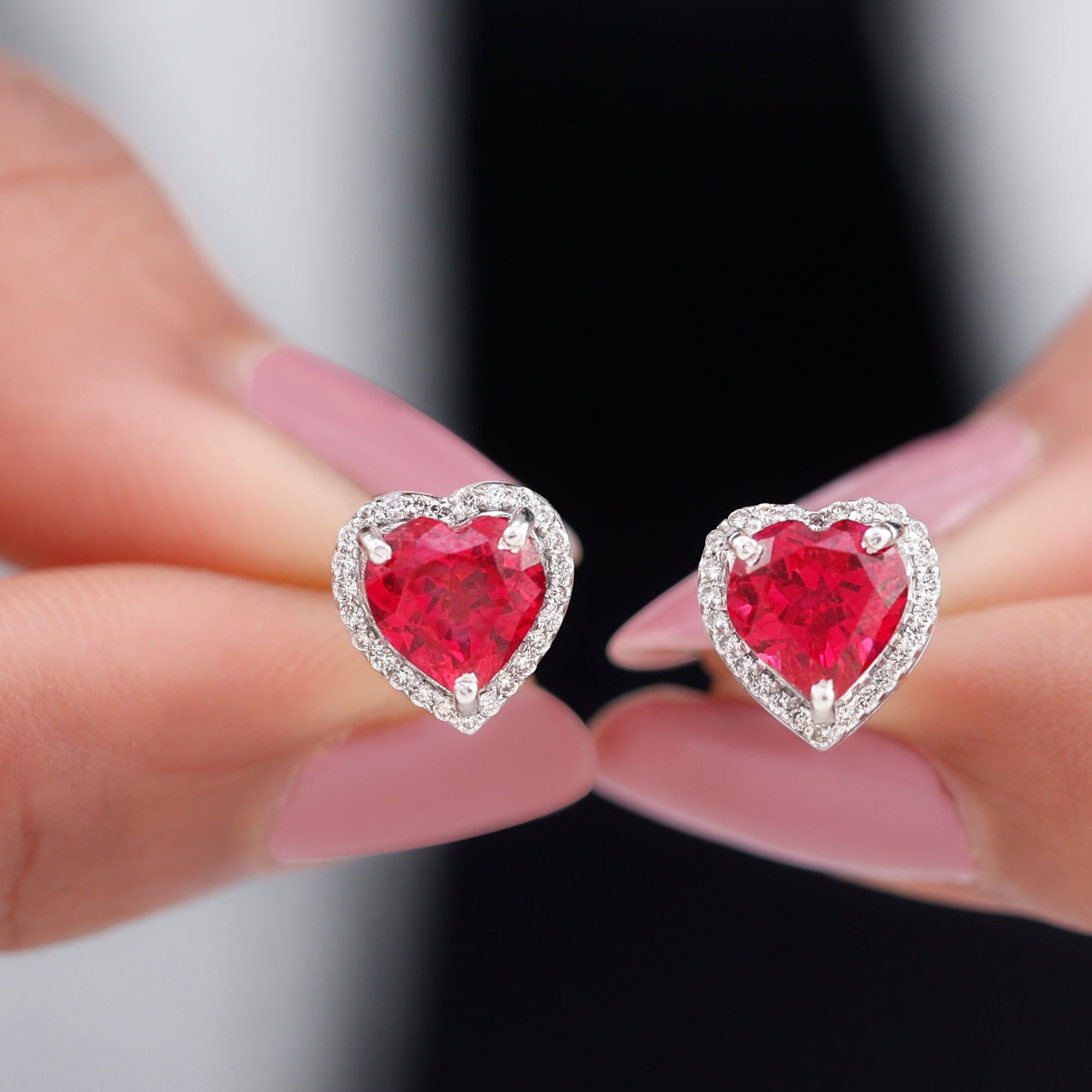 8 MM Heart Shape Created Ruby Halo Stud Earrings with Diamond Lab Created Ruby - ( AAAA ) - Quality - Rosec Jewels