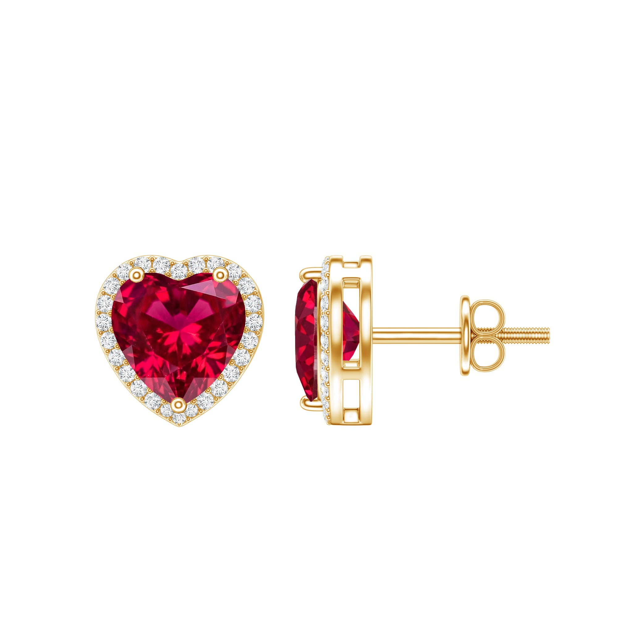 4 Carat Heart Shape Created Ruby Halo Stud Earrings with Diamond AAAA - Rosec Jewels