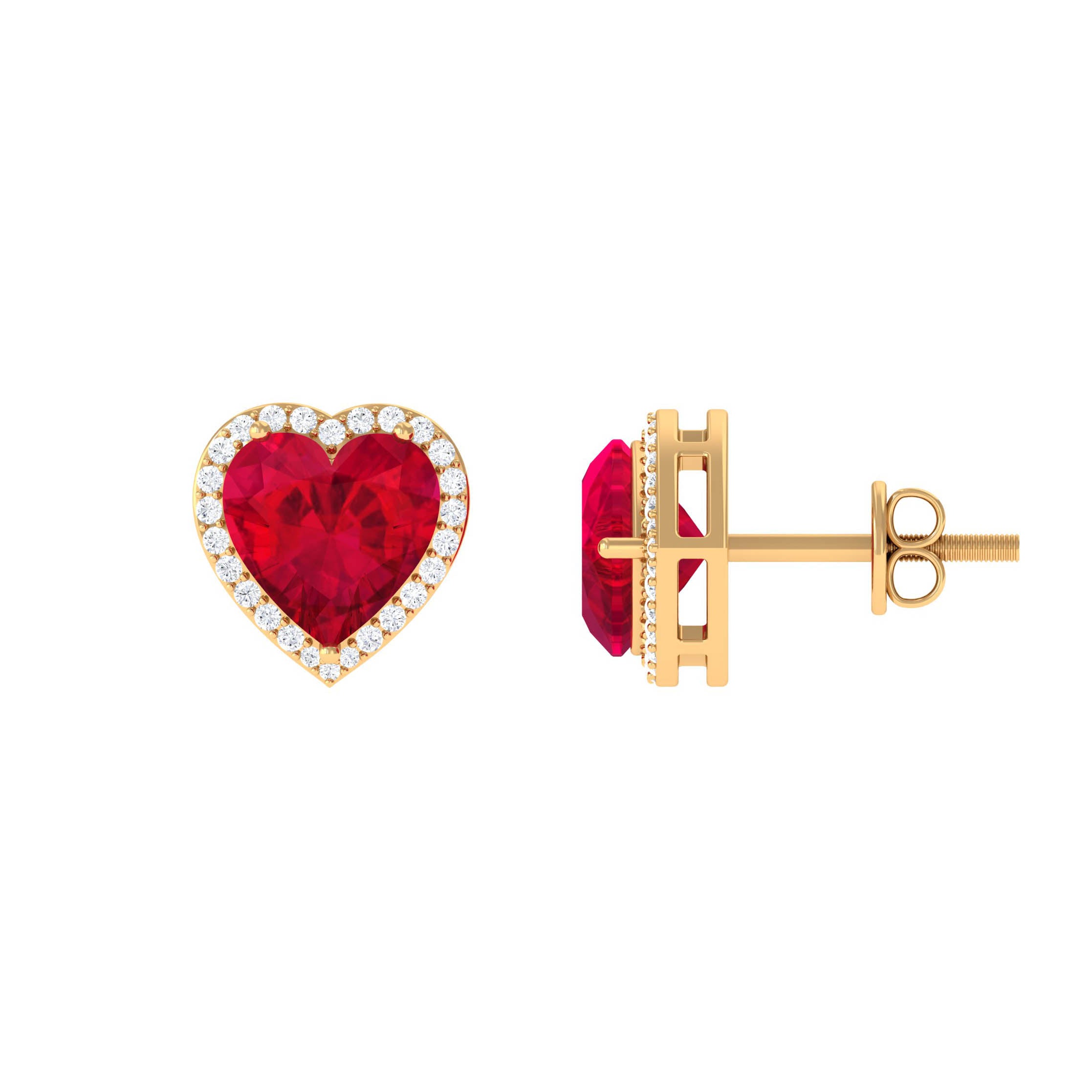 8 MM Heart Shape Created Ruby Halo Stud Earrings with Diamond Lab Created Ruby - ( AAAA ) - Quality - Rosec Jewels
