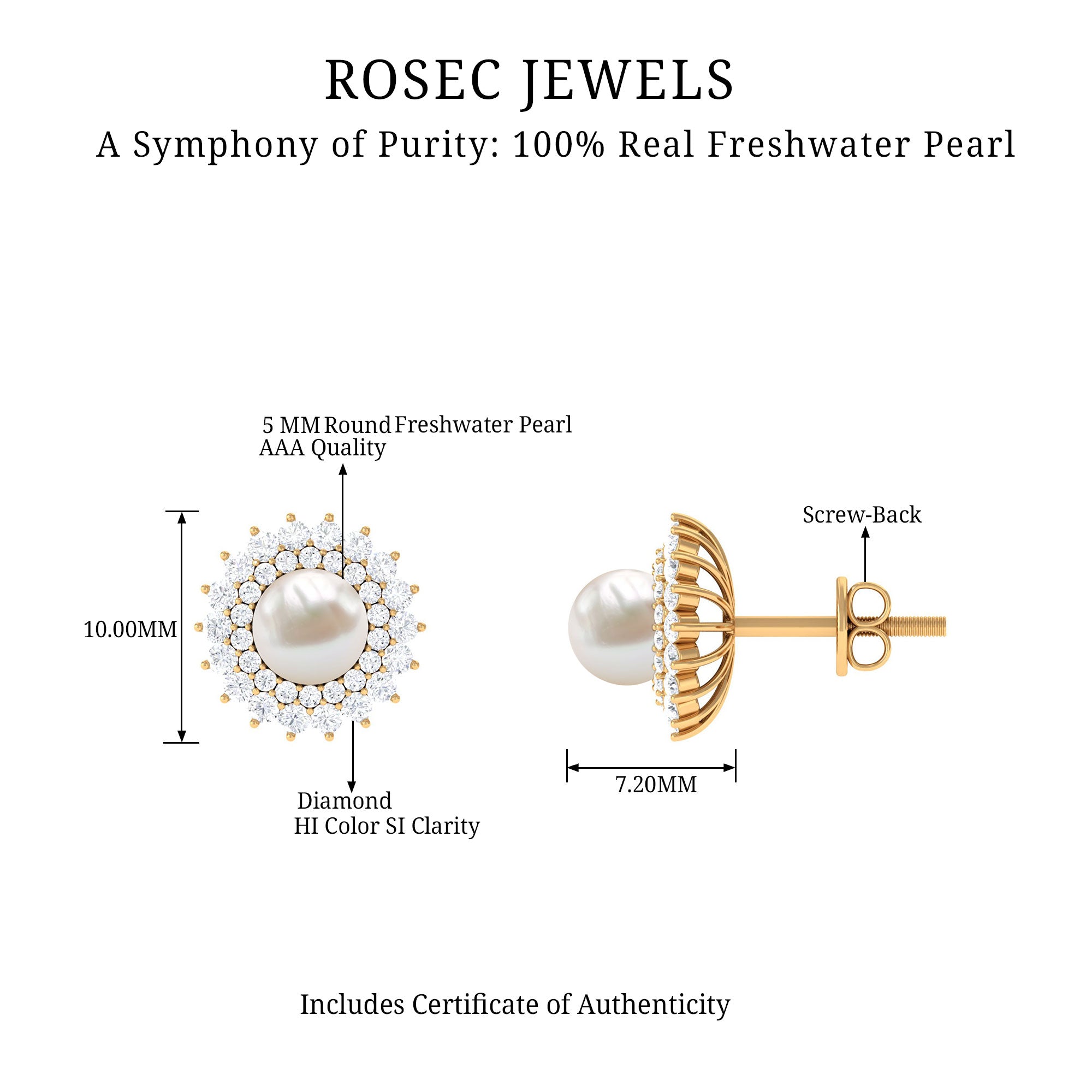 Freshwater Pearl Stud Earrings with Diamond Double Halo Freshwater Pearl - ( AAA ) - Quality - Rosec Jewels