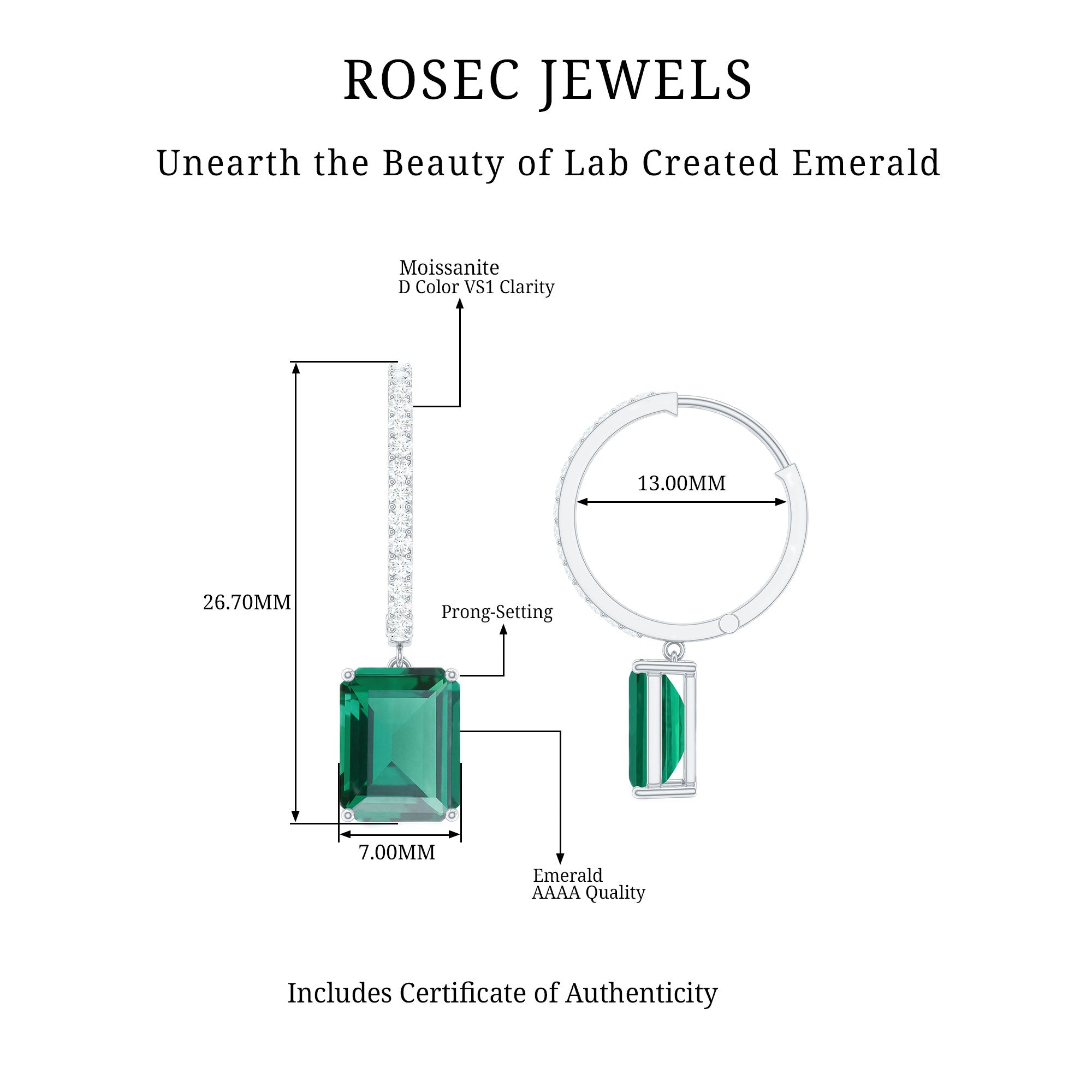 Certified Created Emerald Hoop Drop Earrings Lab Created Emerald - ( AAAA ) - Quality - Rosec Jewels