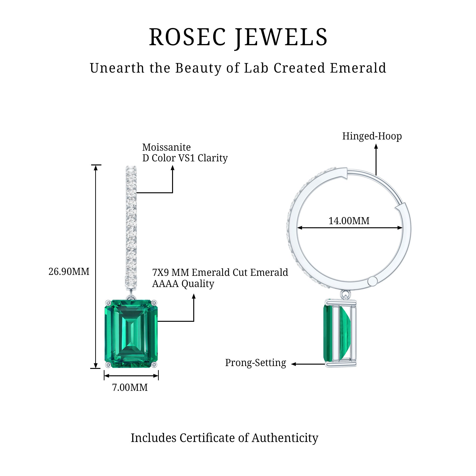Certified 4.6 Carat Lab Created Emerald Hoop Drop Earrings in Silver AAAA 92.5 Sterling Silver - Rosec Jewels