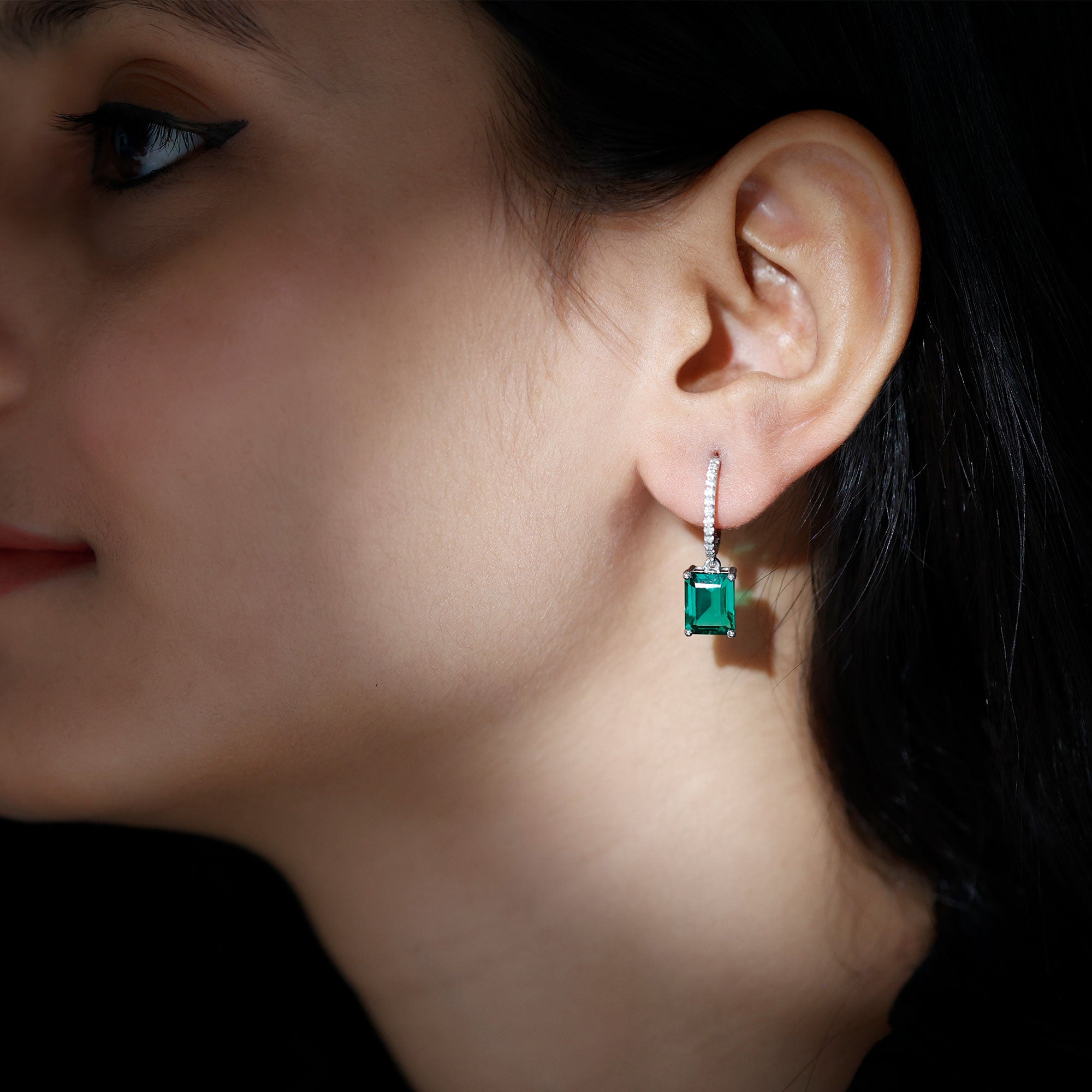 Certified 4.6 Carat Lab Created Emerald Hoop Drop Earrings in Silver AAAA 92.5 Sterling Silver - Rosec Jewels