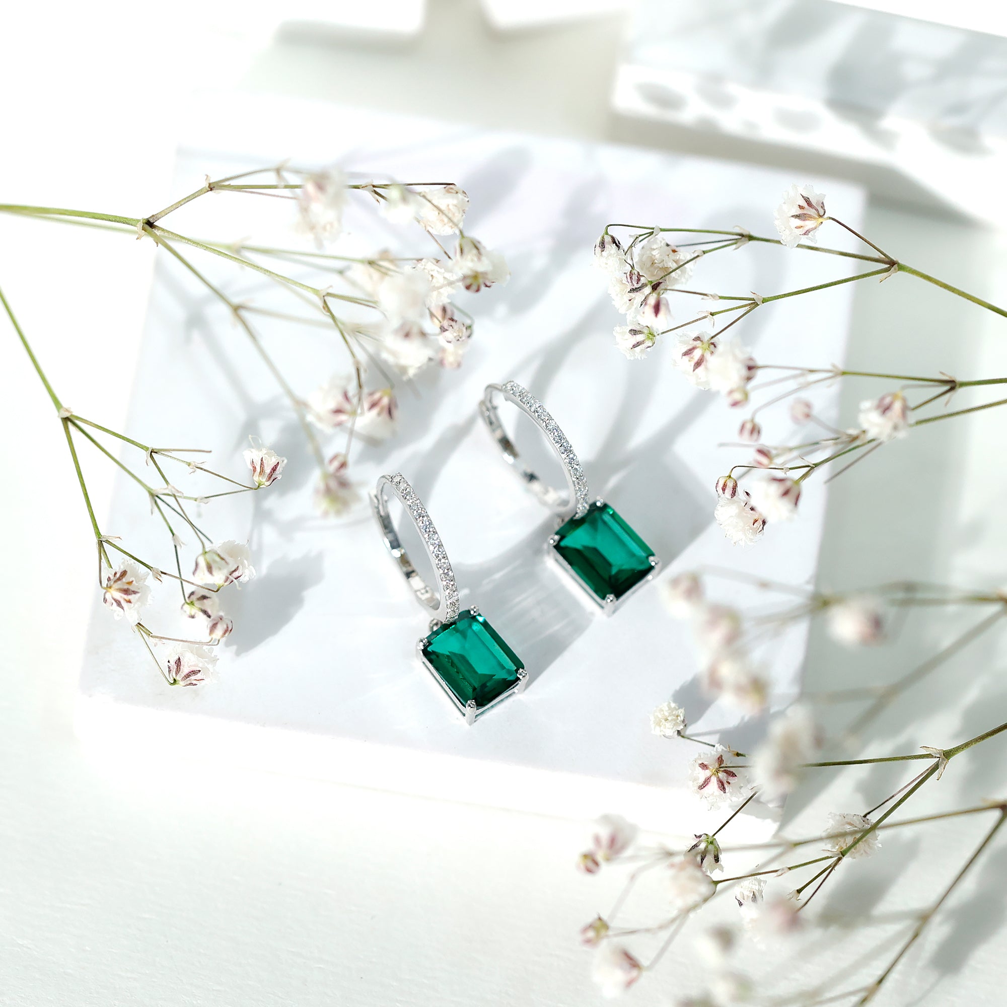 Certified 4.6 Carat Lab Created Emerald Hoop Drop Earrings in Silver AAAA 92.5 Sterling Silver - Rosec Jewels