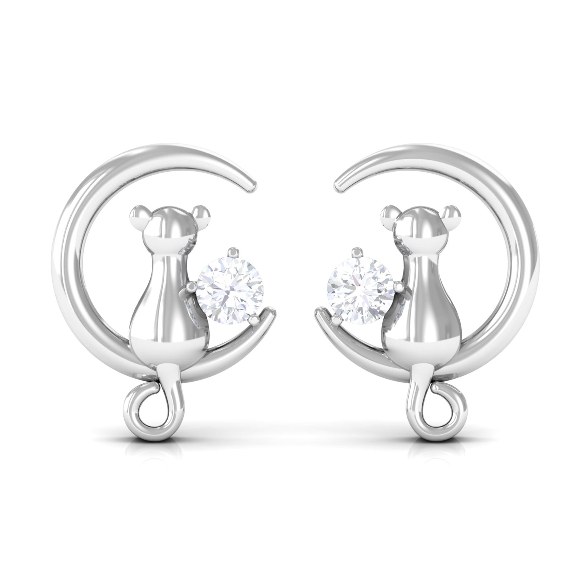 Round Moissanite Cat and Moon Stud Earrings in Gold Moissanite - ( D-VS1 ) - Color and Clarity - Rosec Jewels