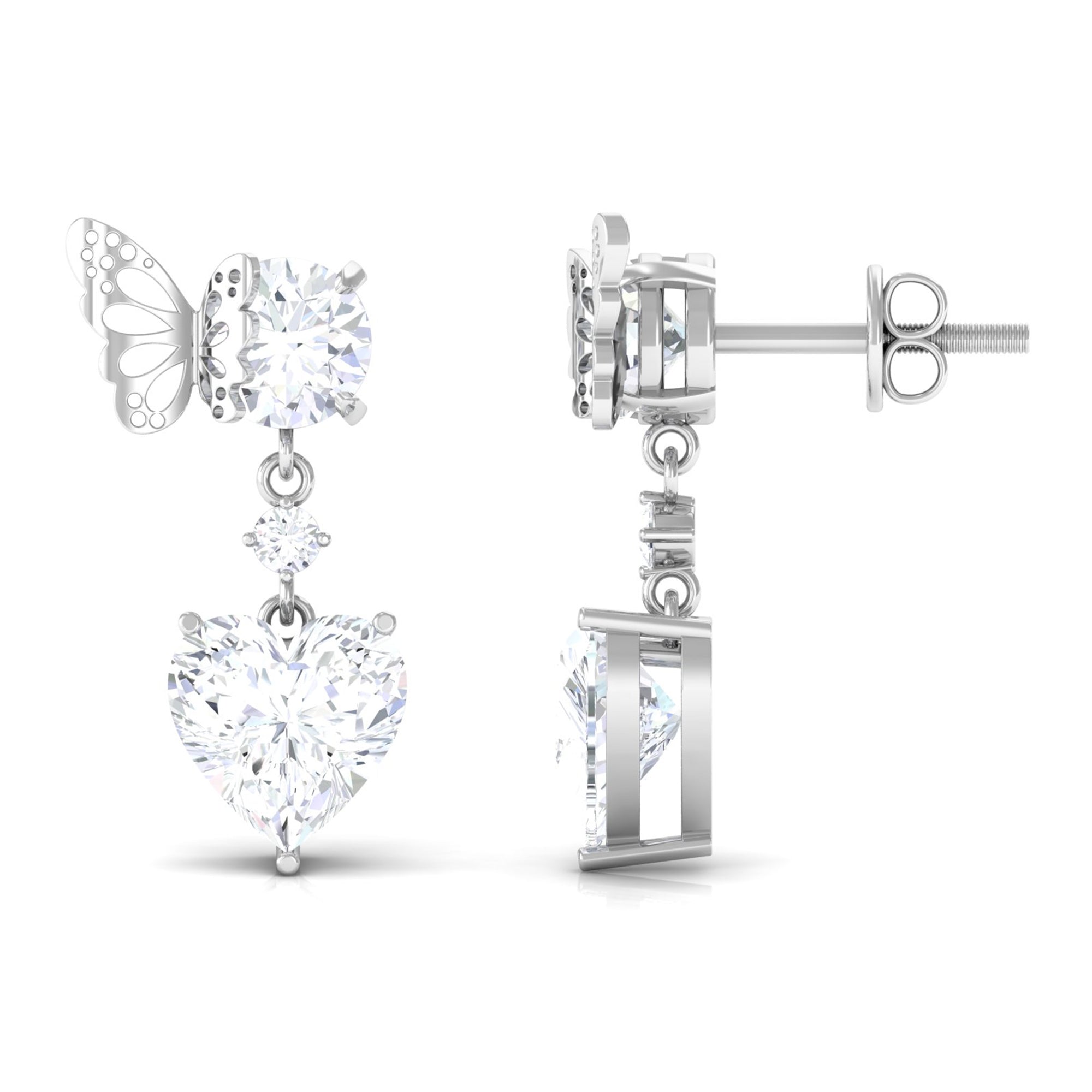 Moissanite Butterfly Heart Drop Earrings Moissanite - ( D-VS1 ) - Color and Clarity - Rosec Jewels