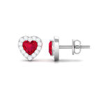 Heart Shape Lab Grown Ruby Halo Stud Earrings with Diamond Lab Created Ruby - ( AAAA ) - Quality - Rosec Jewels